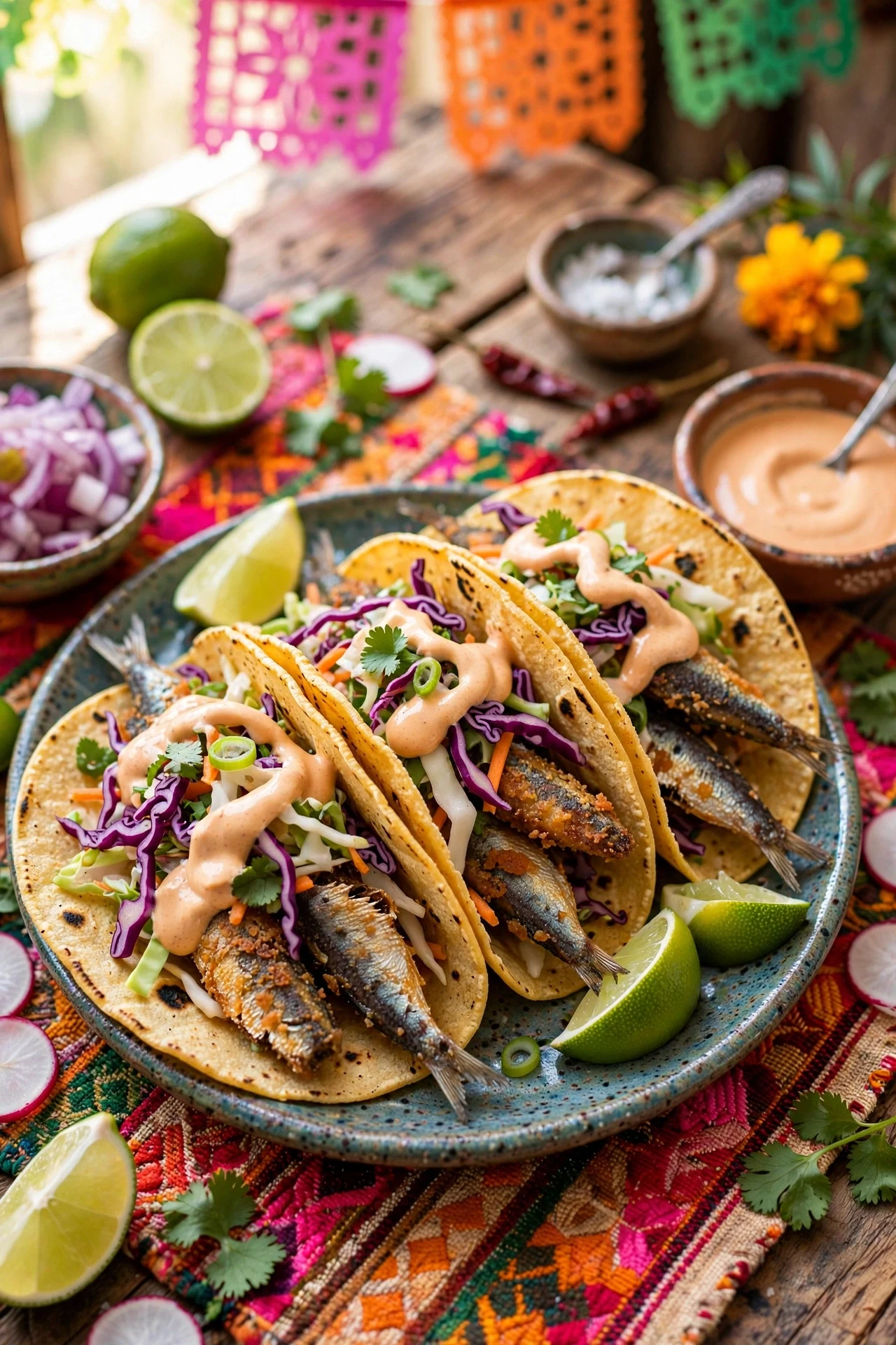 Sardine tacos with crispy sardines, cabbage slaw, chipotle crema and lime in warm corn tortillas
