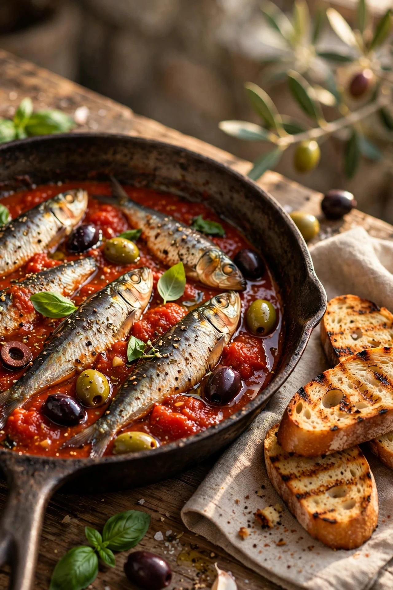 Tomato braised sardines in a rich tomato sauce with olives and basil in a rustic pan