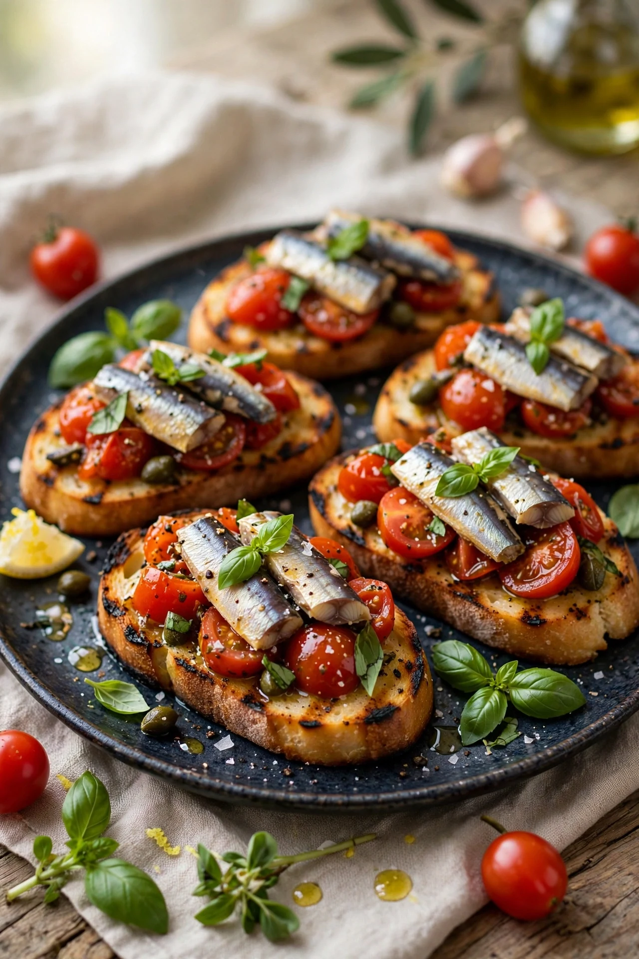 Sardine bruschetta on grilled bread with marinated tomatoes, sardine fillets and fresh basil