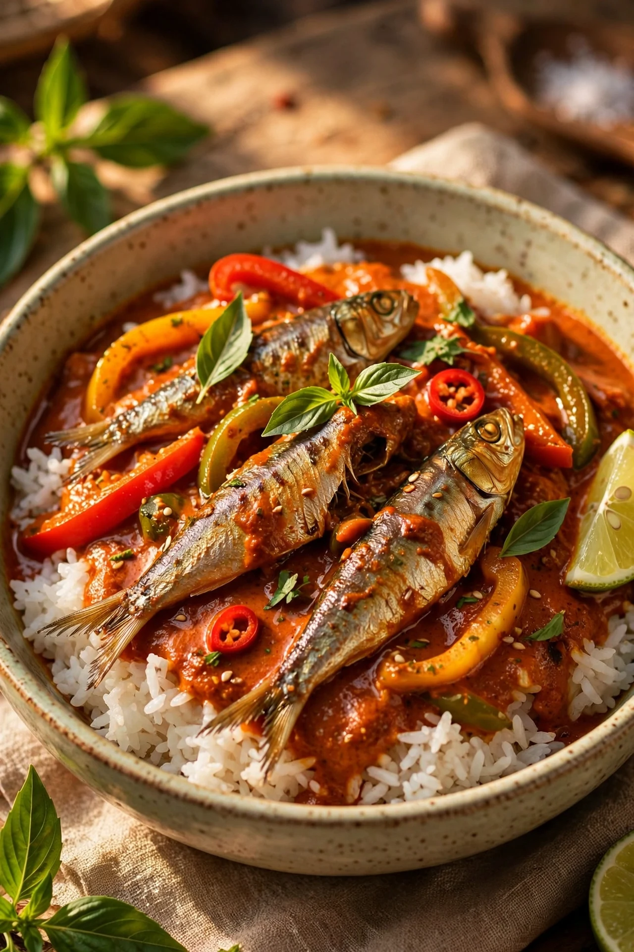 Coconut curry sardines in a fragrant red curry sauce with bell peppers and Thai basil over jasmine rice