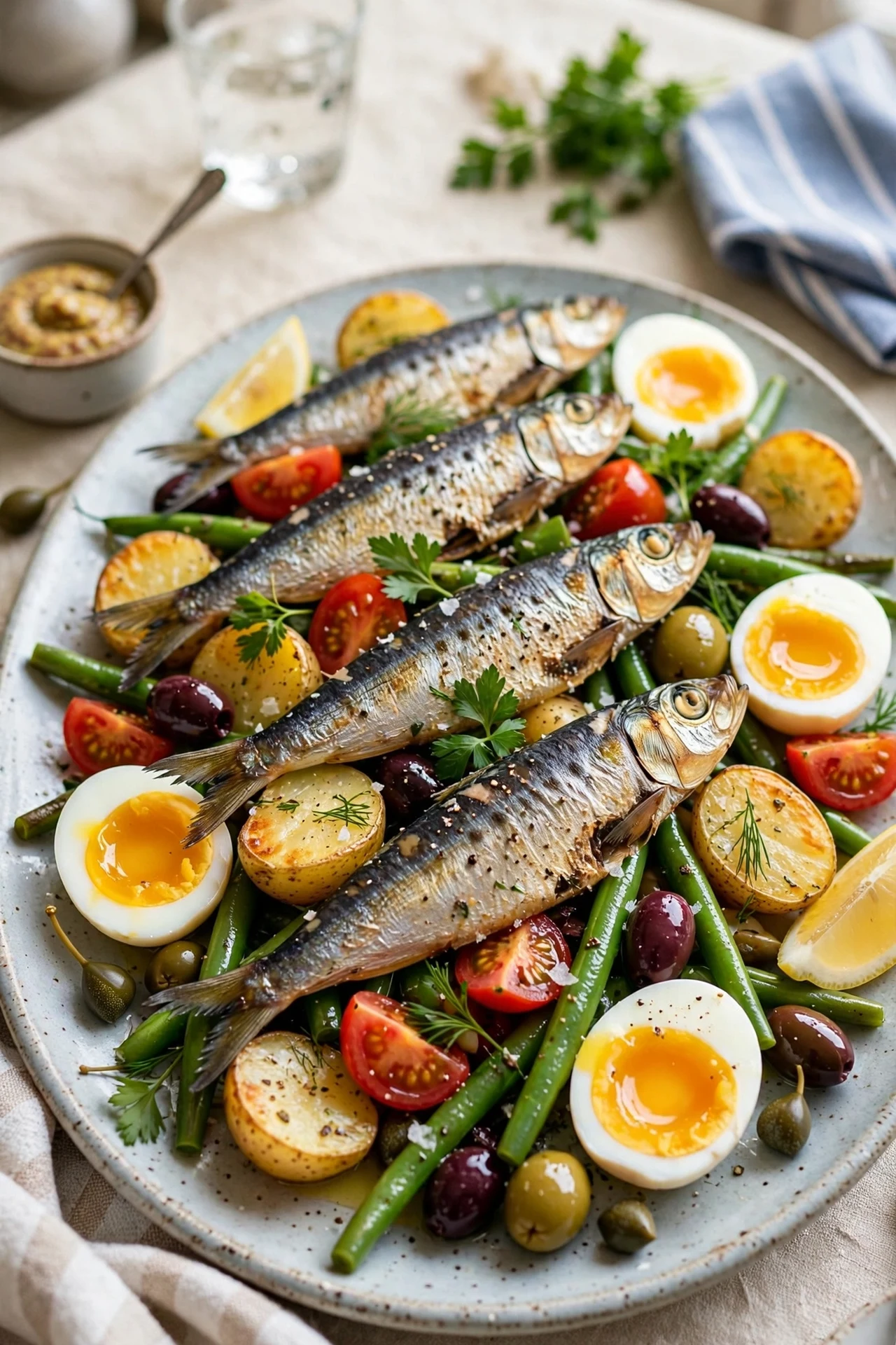 Sardine Nicoise salad composed with sardines, jammy eggs, green beans, potatoes and olives on a platter