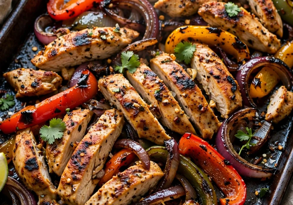 Overhead view of sheet pan chicken fajitas with sizzling chicken, peppers, and onions, with lime and tortillas