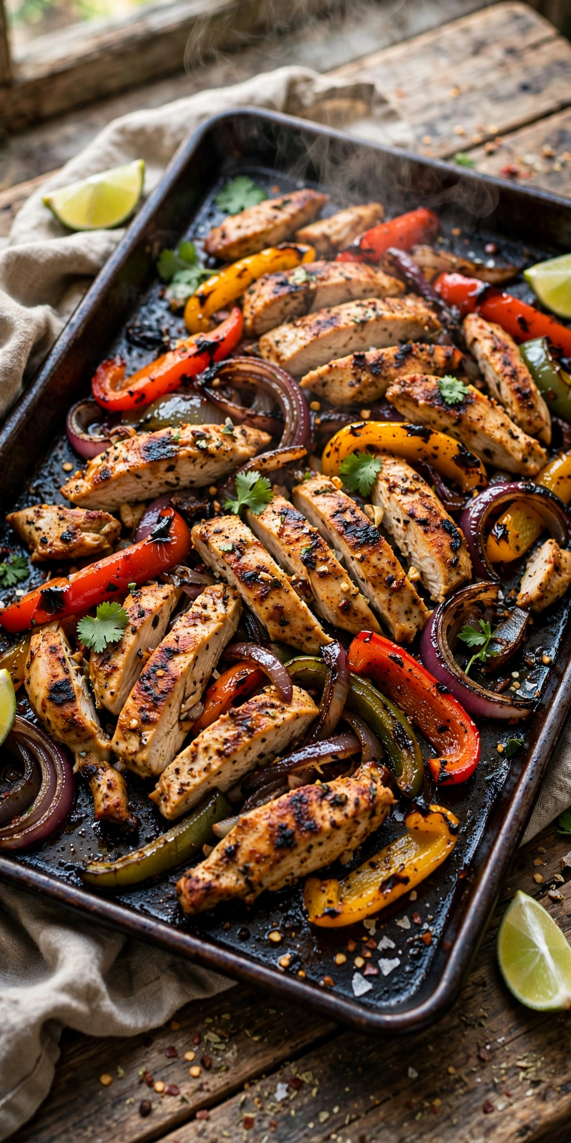 Overhead view of sheet pan chicken fajitas with sizzling chicken, peppers, and onions, with lime and tortillas