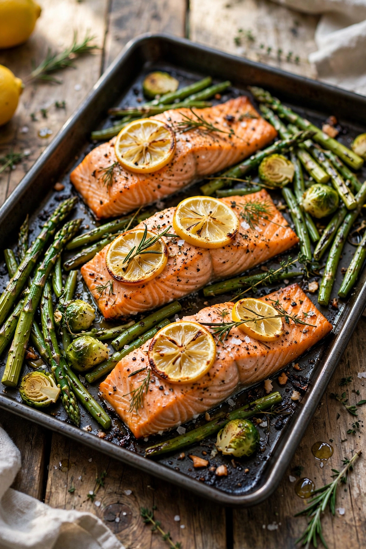 Side view of sheet pan lemon herb salmon with roasted asparagus and cherry tomatoes