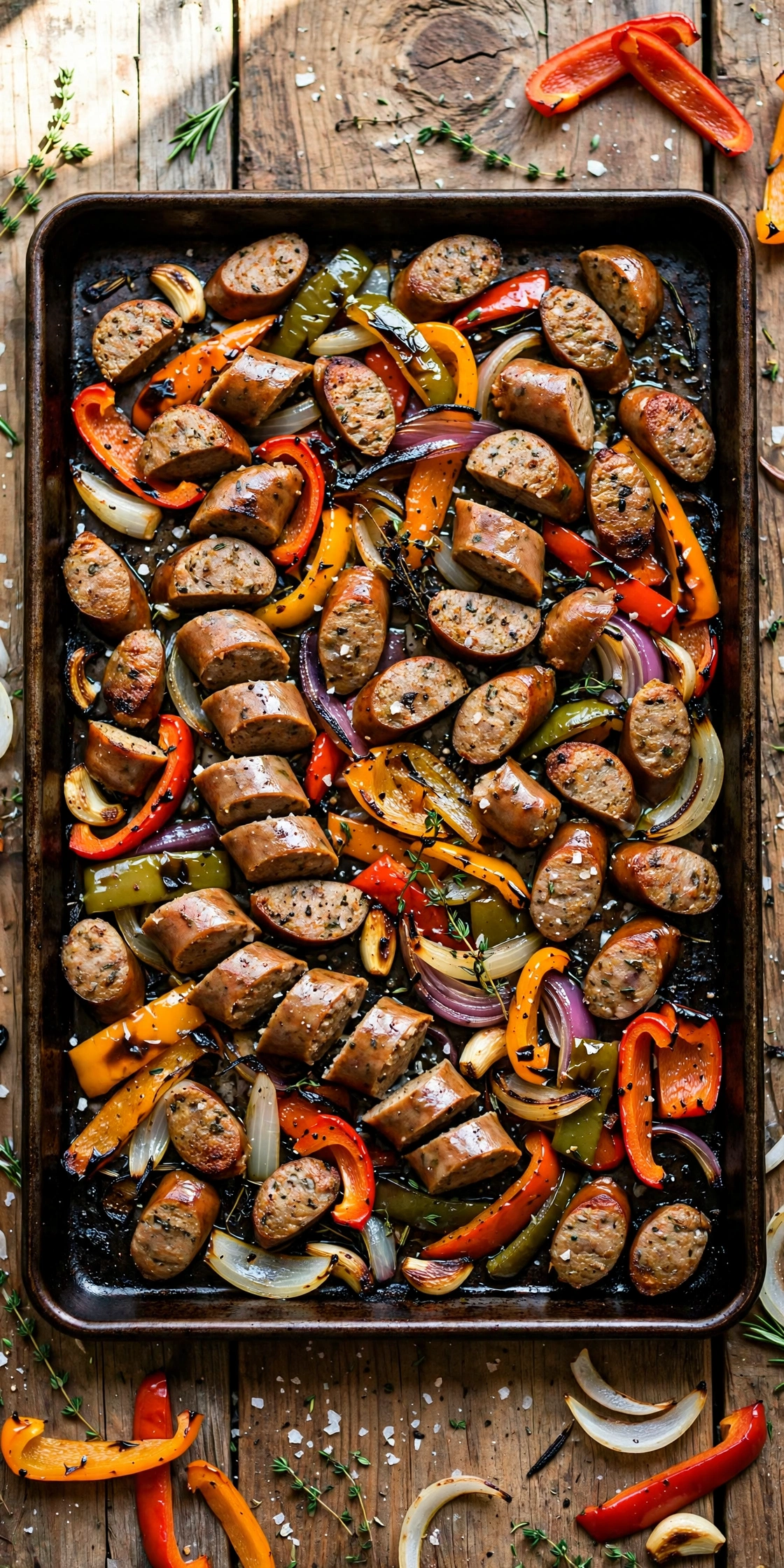 Overhead view of sheet pan sausage and peppers with Italian sausage, bell peppers, and onions, caramelized