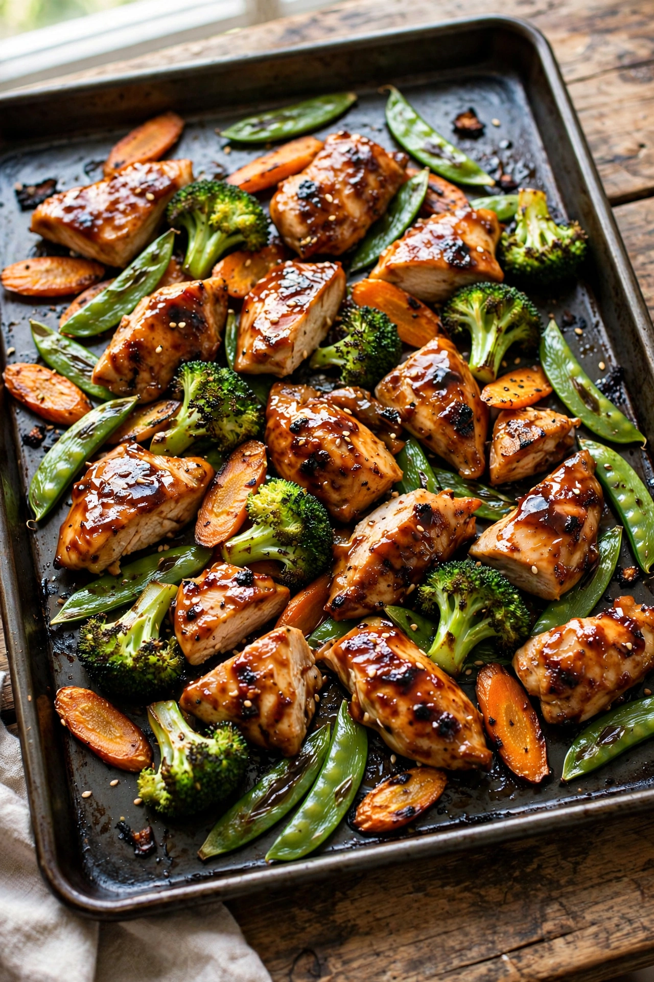 Side view of sheet pan teriyaki chicken and vegetables with glazed chicken, broccoli, and carrots over rice
