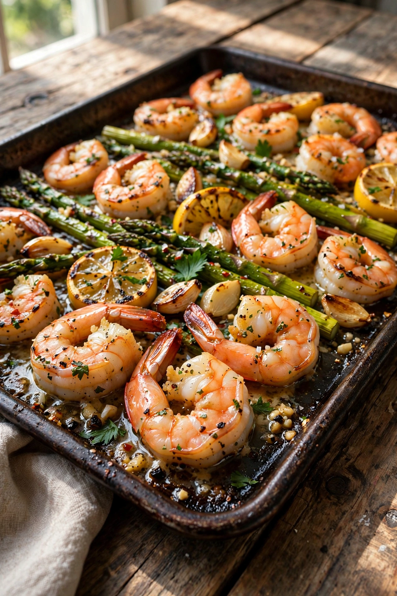 Close-up view of sheet pan garlic butter shrimp with plump shrimp, lemon slices, and parsley