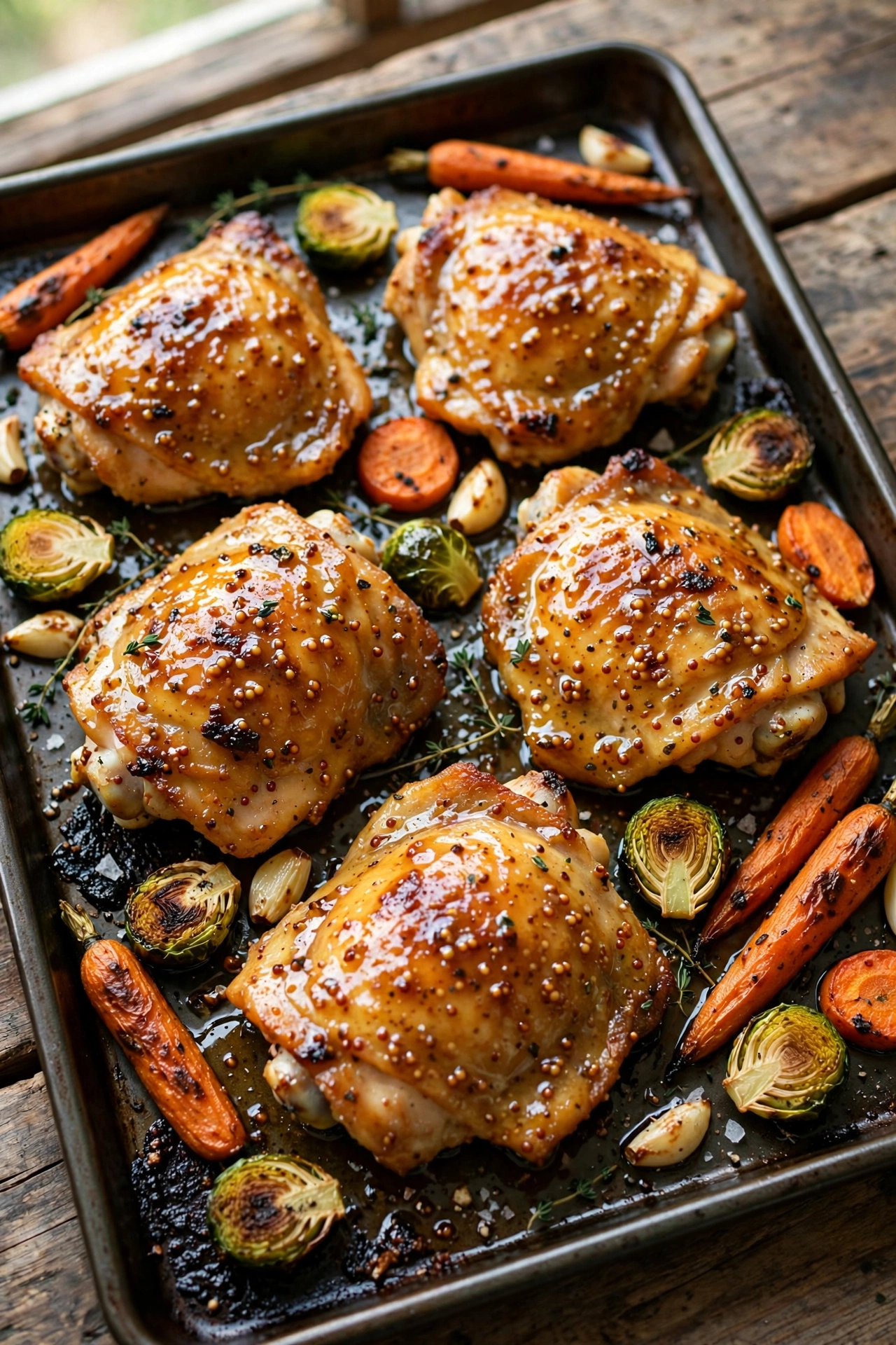 Overhead view of sheet pan honey mustard chicken with glazed chicken thighs, potatoes, and green beans