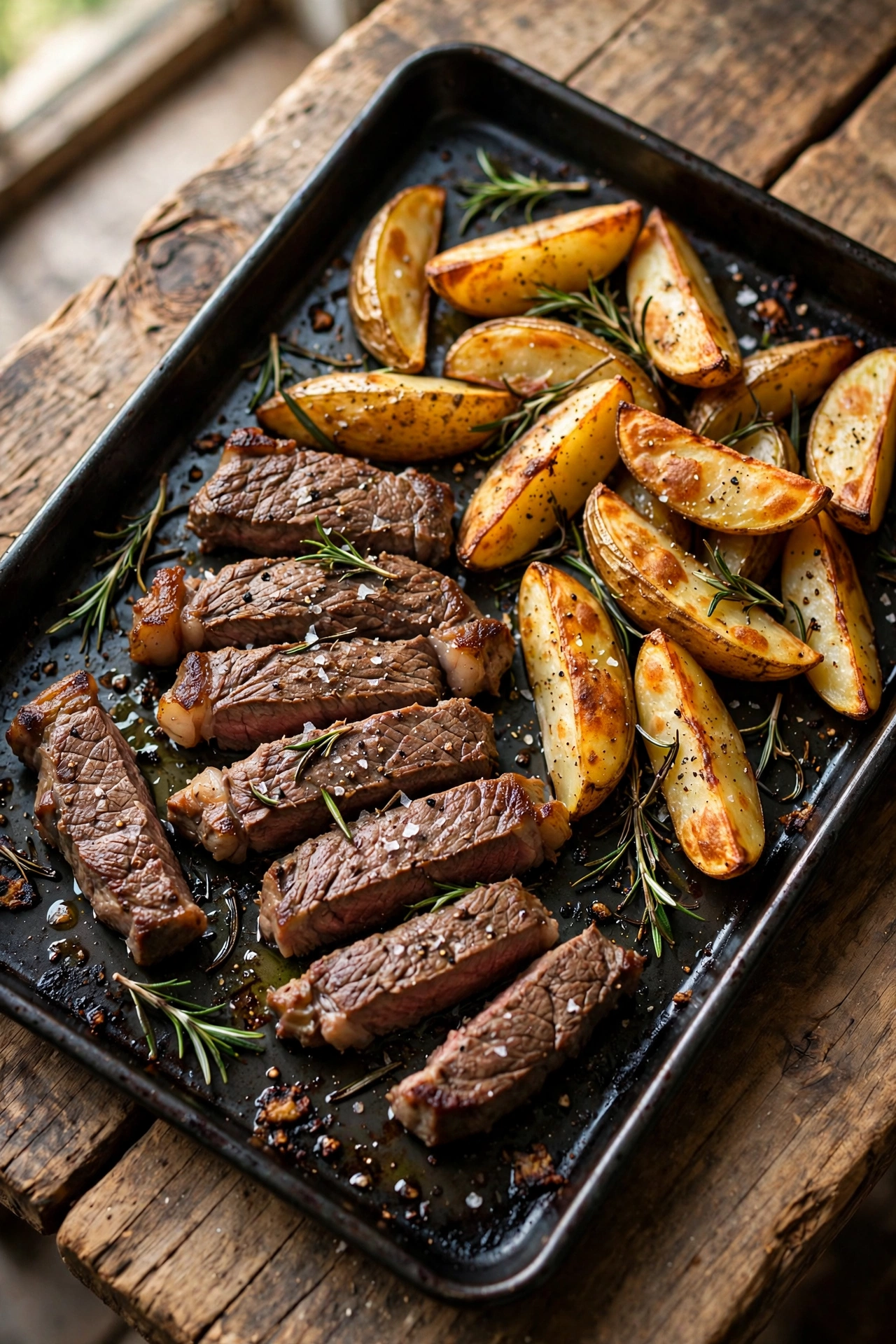 Side view of sheet pan steak and potatoes with seared steak bites, crispy potatoes, and rosemary