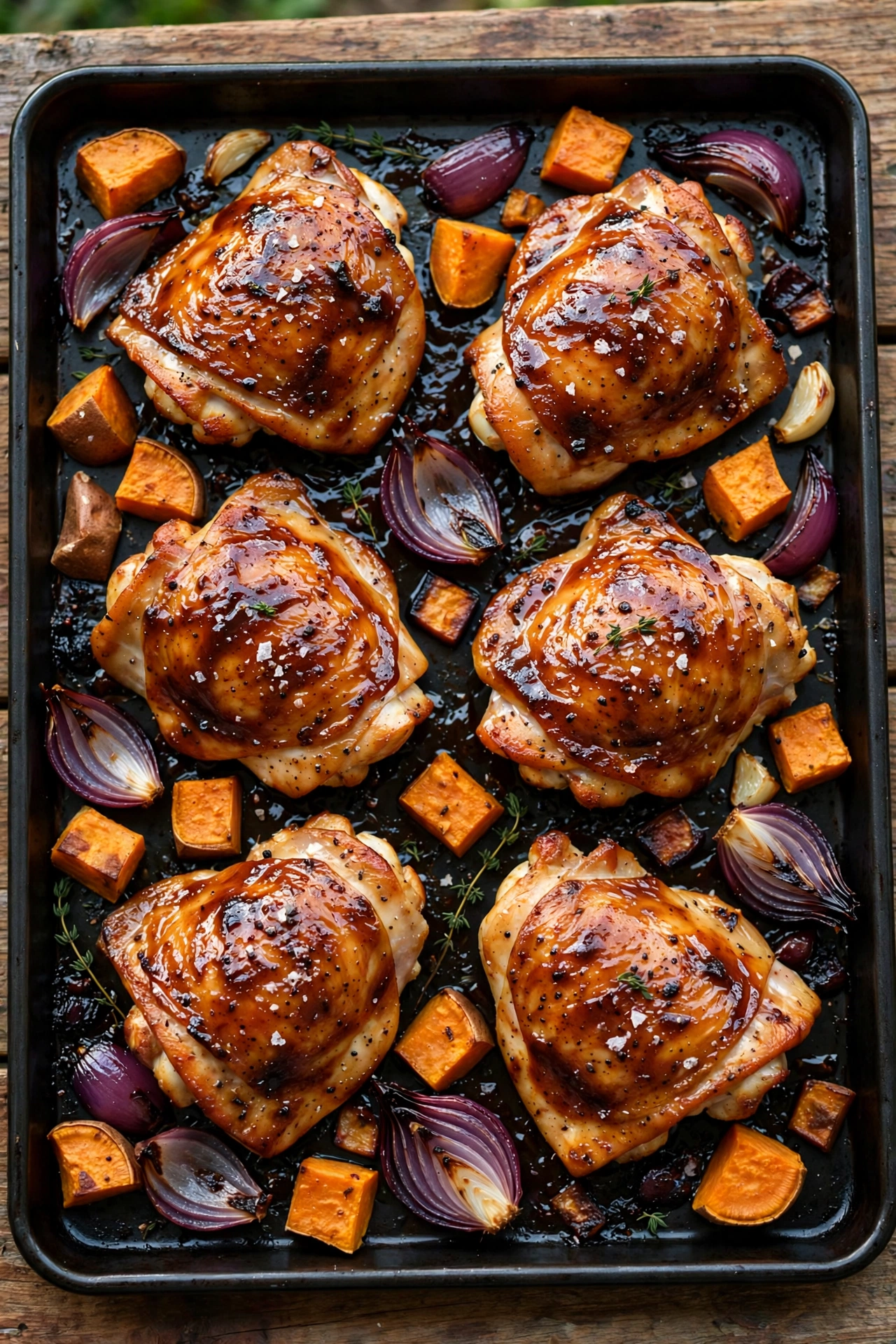 Overhead view of sheet pan BBQ chicken thighs with sticky glazed thighs, corn, and red onions