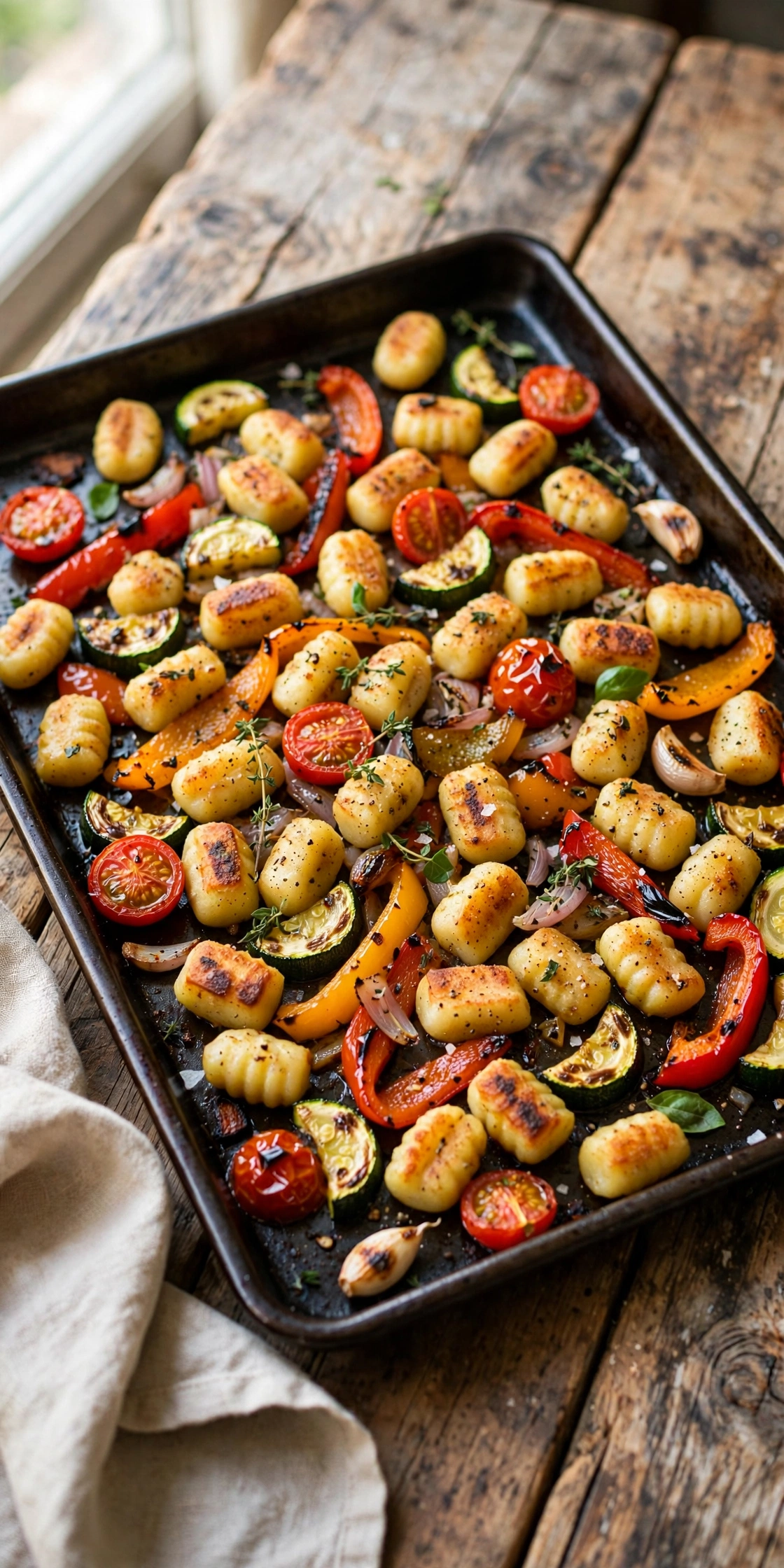 Close-up view of sheet pan gnocchi with vegetables, crispy gnocchi, cherry tomatoes, and zucchini with parmesan