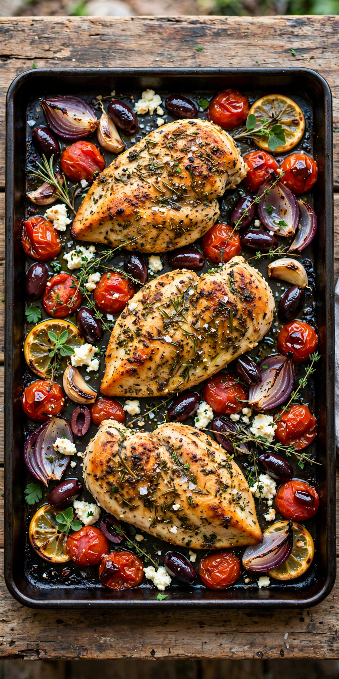 Overhead view of sheet pan Mediterranean chicken with chicken, olives, tomatoes, red onion, and feta