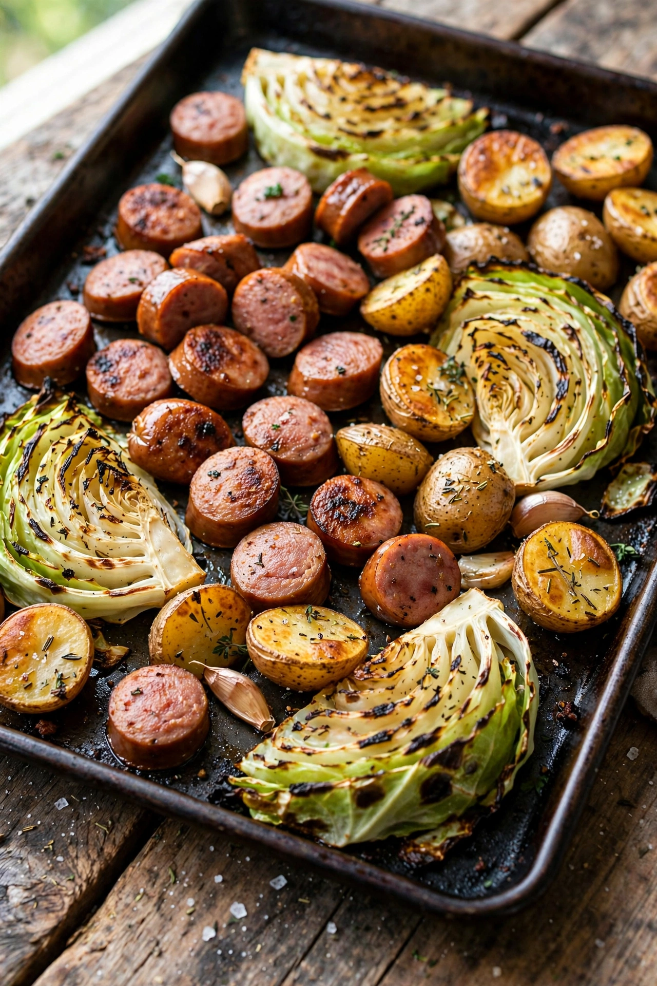 Side view of sheet pan kielbasa and cabbage with smoked sausage, cabbage wedges, and mustard glaze