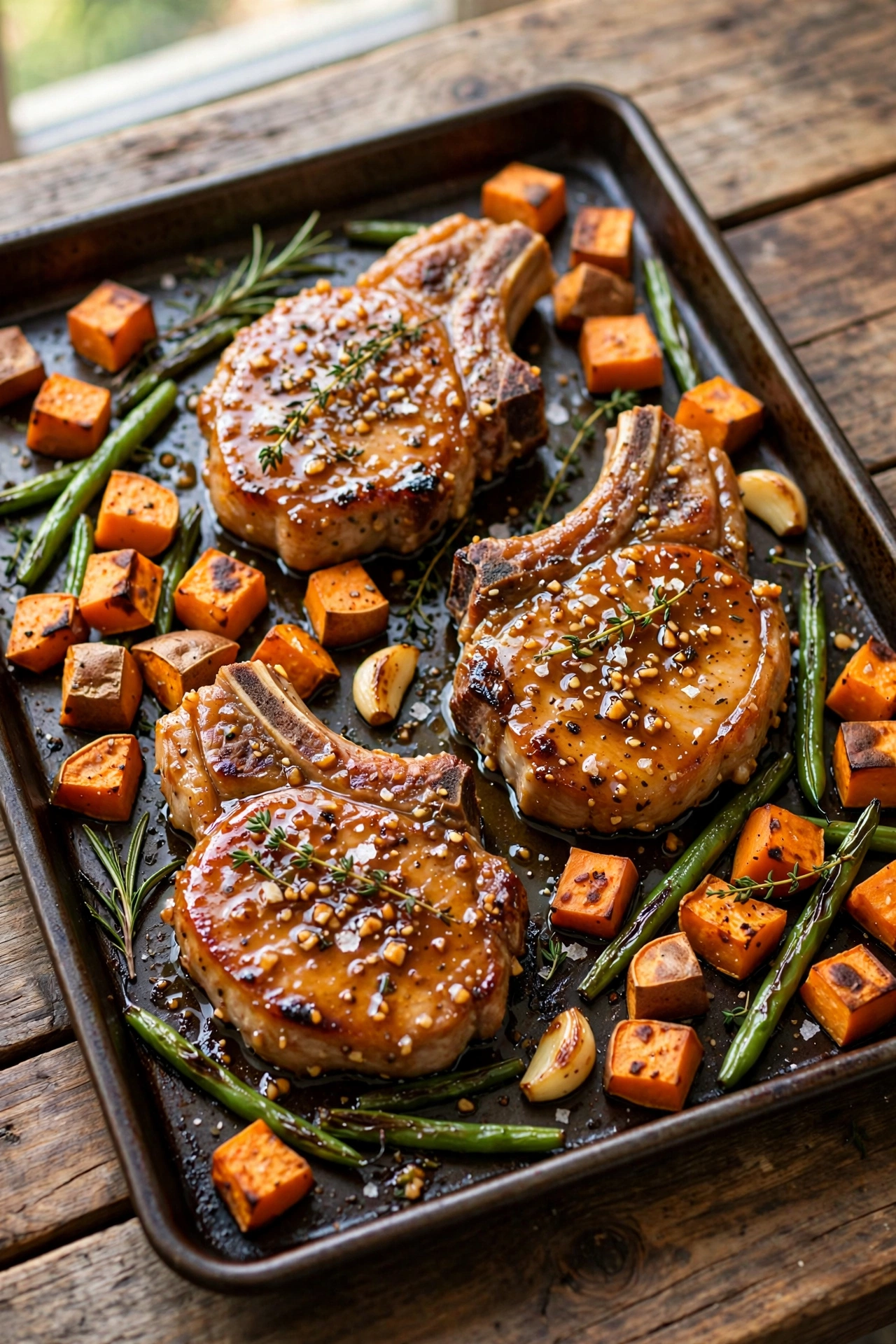 Overhead view of sheet pan honey garlic pork chops with glazed chops, Brussels sprouts, and sweet potatoes