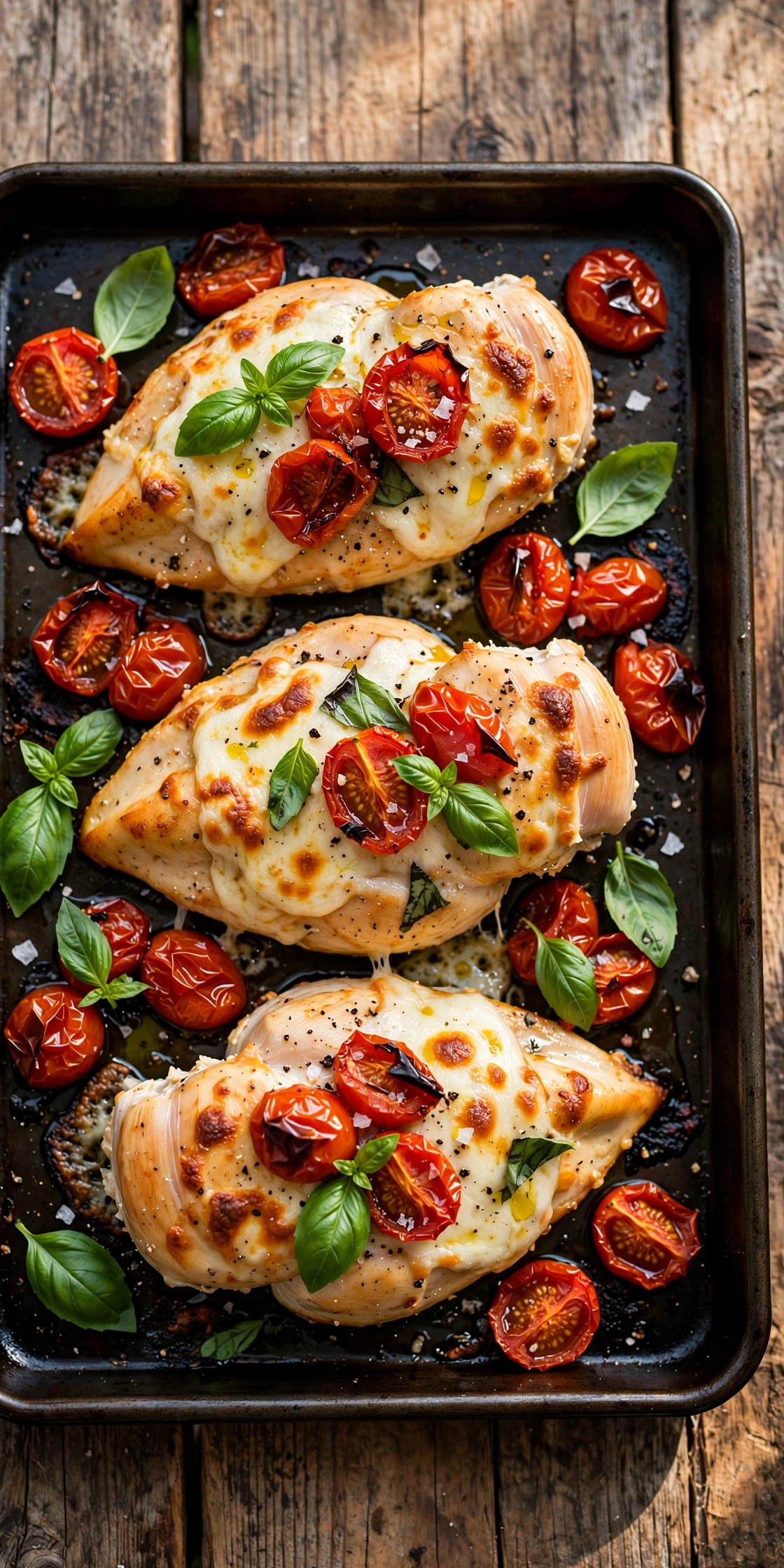Close-up view of sheet pan caprese chicken with chicken breasts, melted mozzarella, tomatoes, and basil