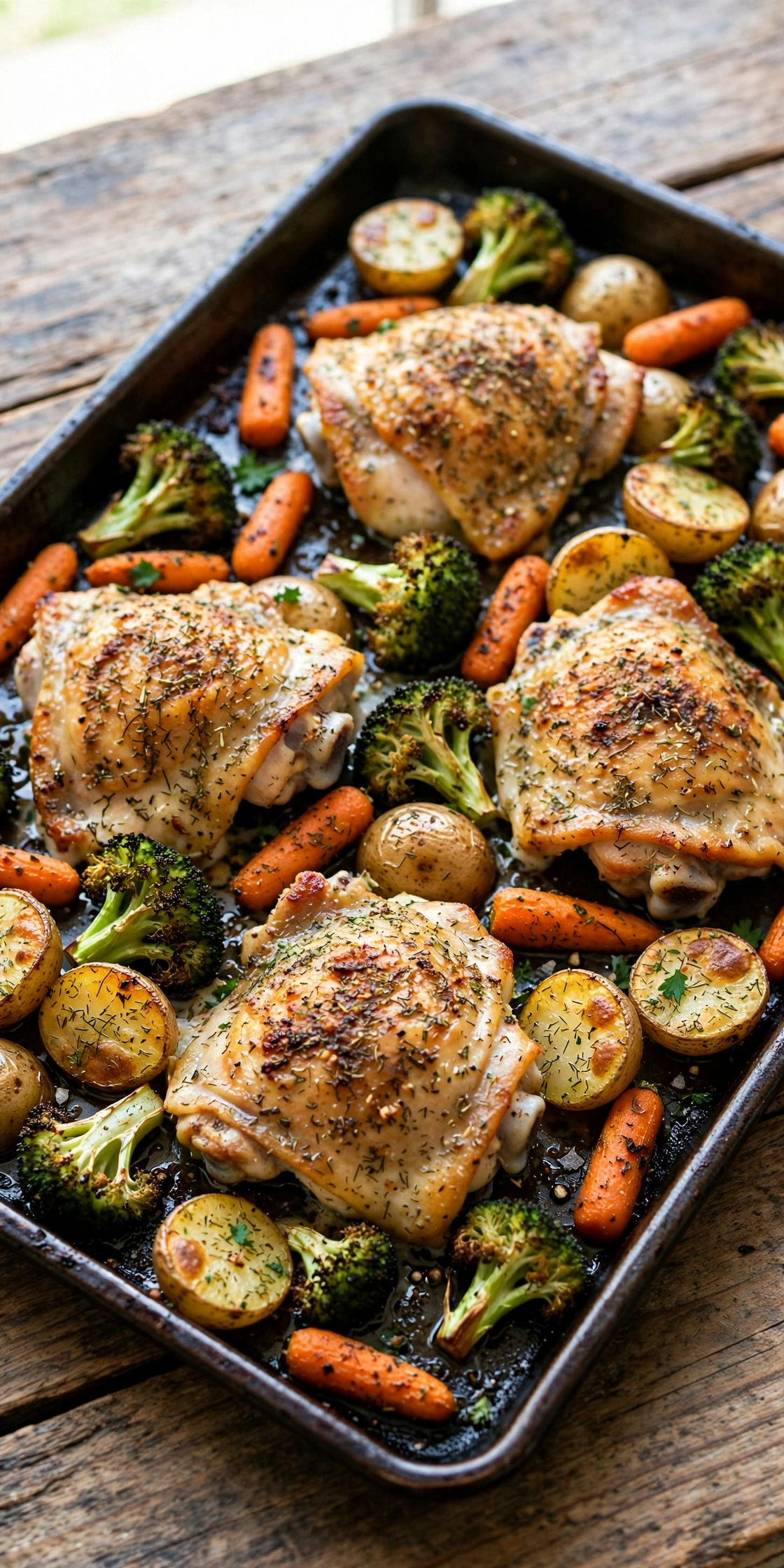 Overhead view of sheet pan ranch chicken and veggies with seasoned chicken, potatoes, and carrots