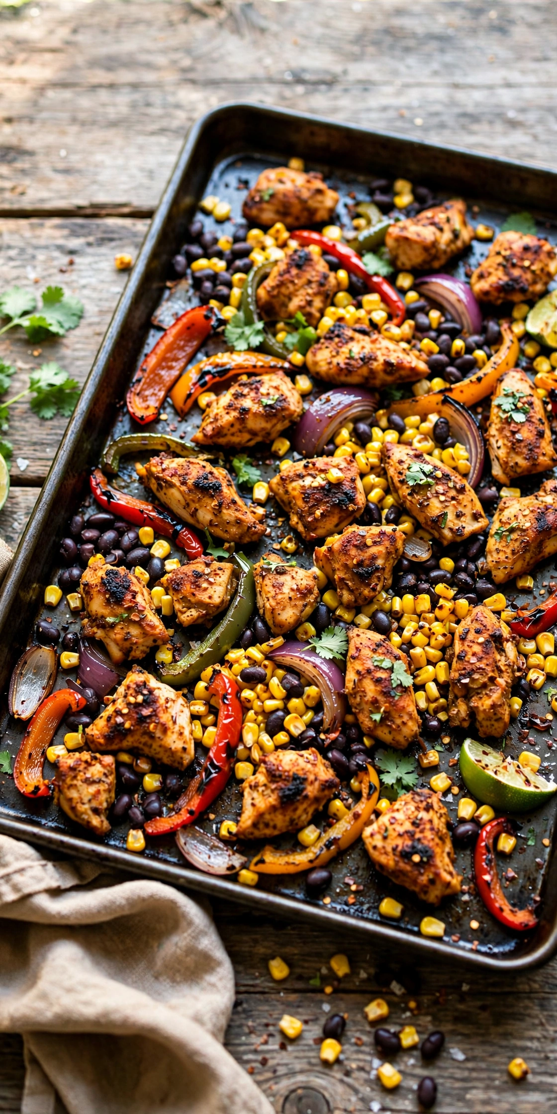 Side view of sheet pan taco bowls with seasoned ground beef, roasted peppers, corn, and all the toppings