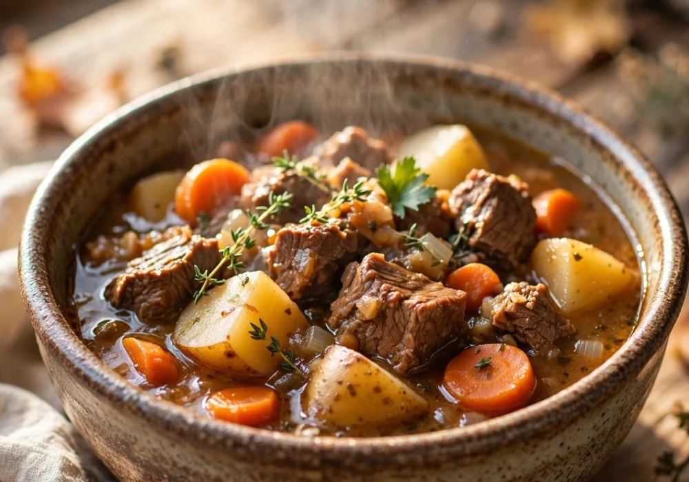 Slow cooker beef stew with tender beef, potatoes and carrots