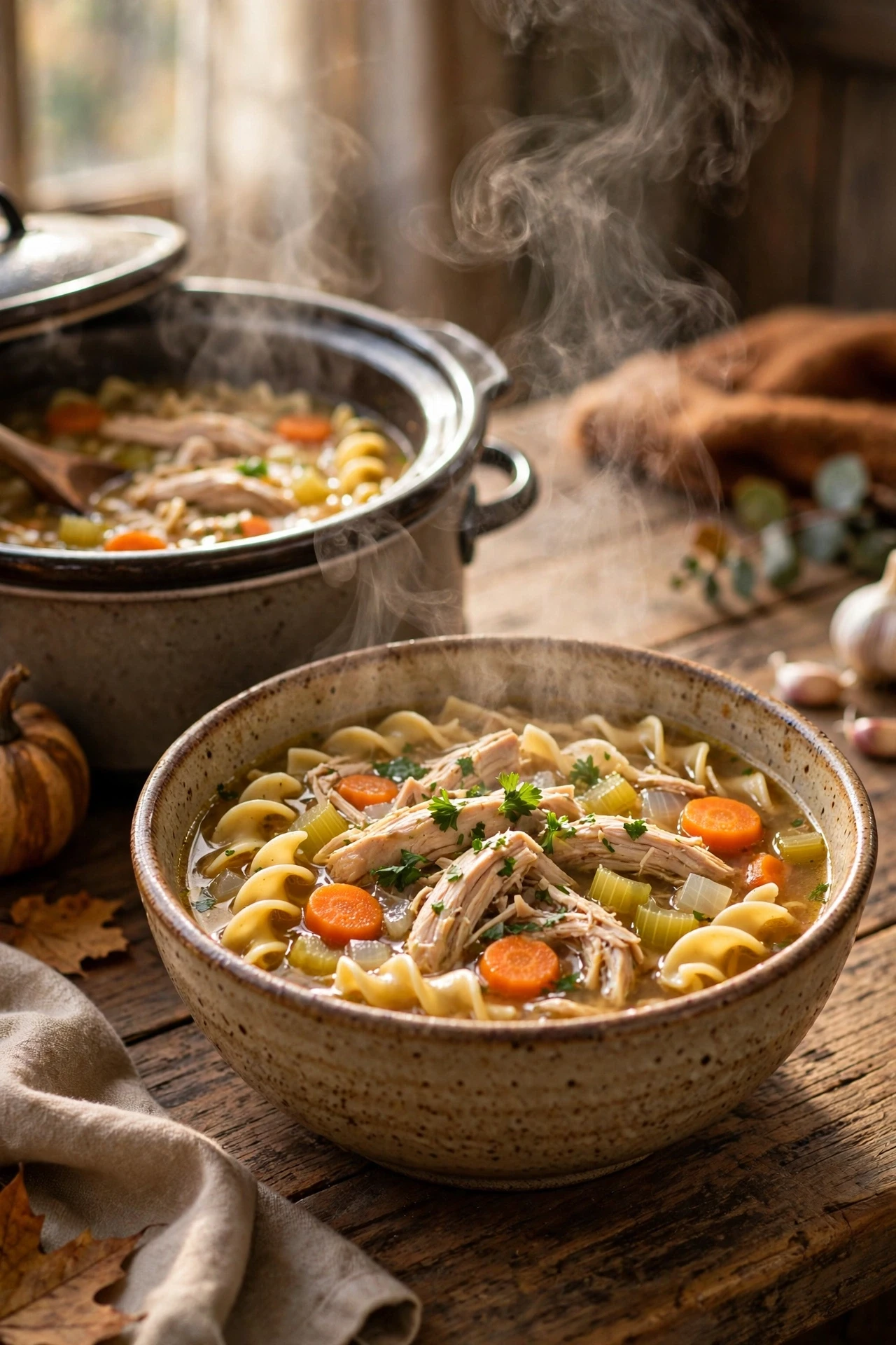 Crockpot chicken noodle soup steaming with egg noodles