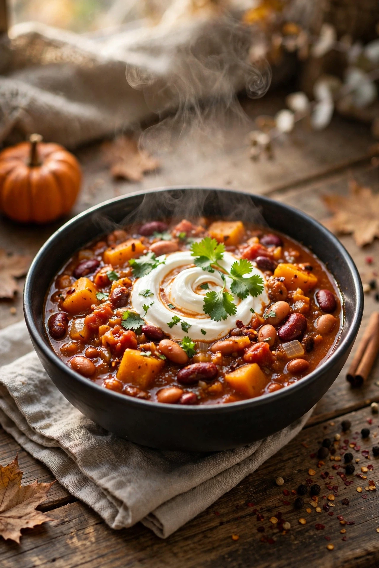 Slow cooker pumpkin chili thick with beans and turkey