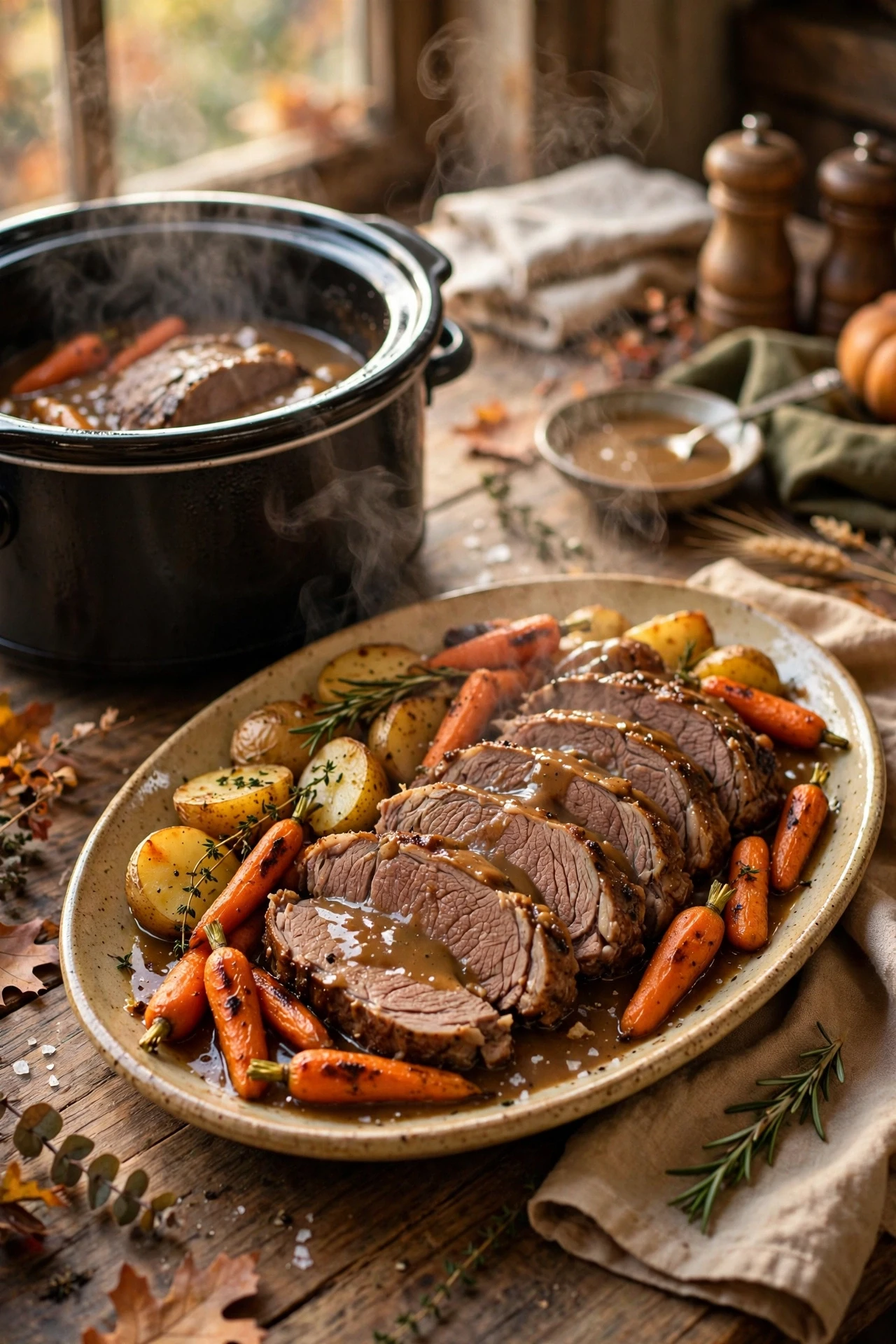 Crockpot pot roast falling apart with carrots and potatoes