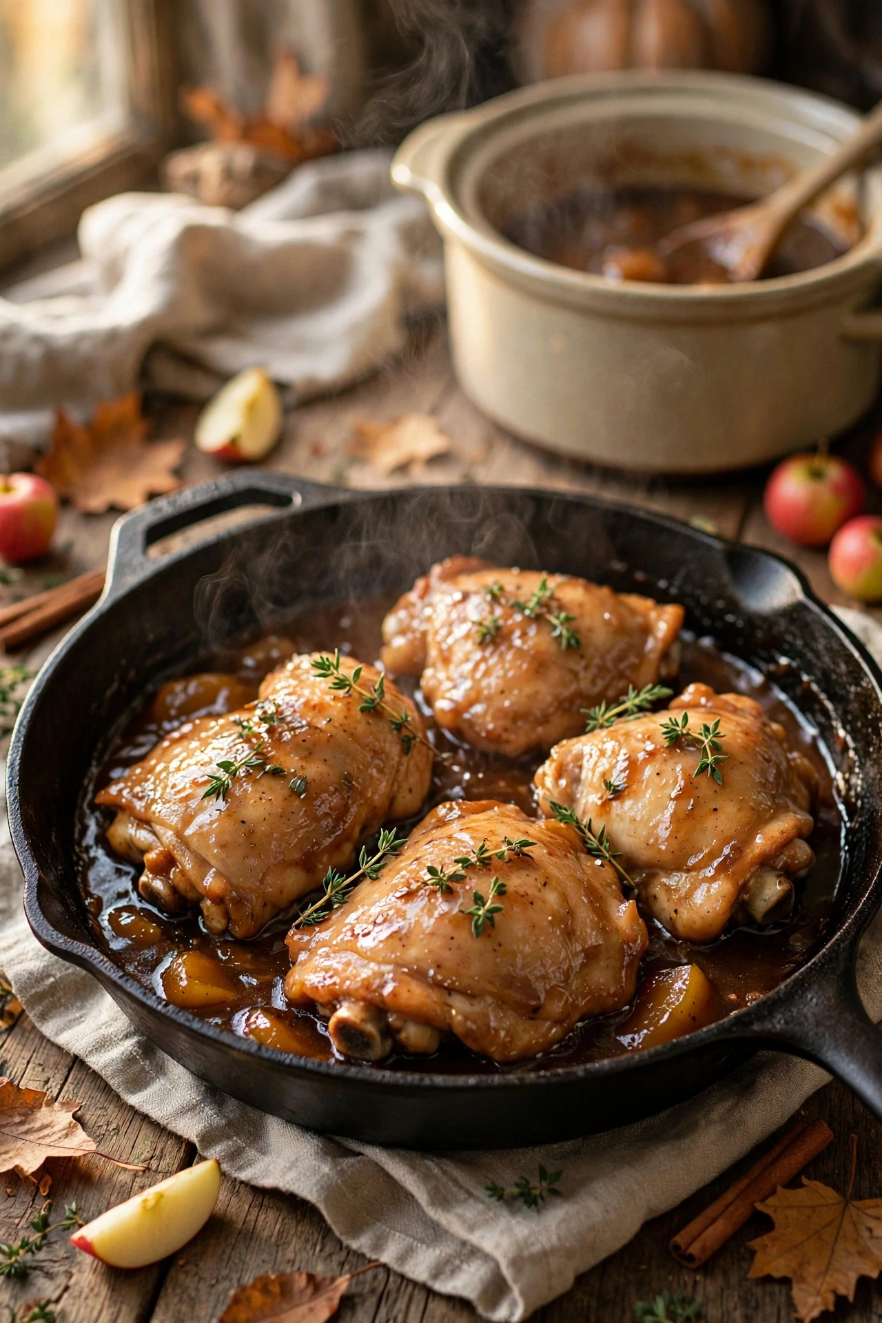 Crockpot apple butter chicken thighs with glossy glaze