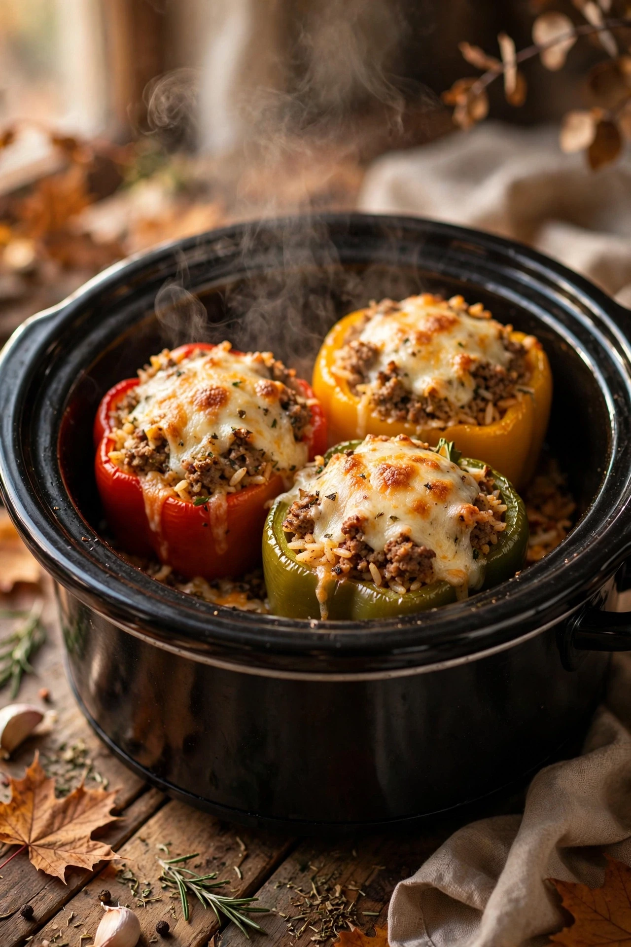 Slow cooker stuffed peppers upright with melted cheese tops