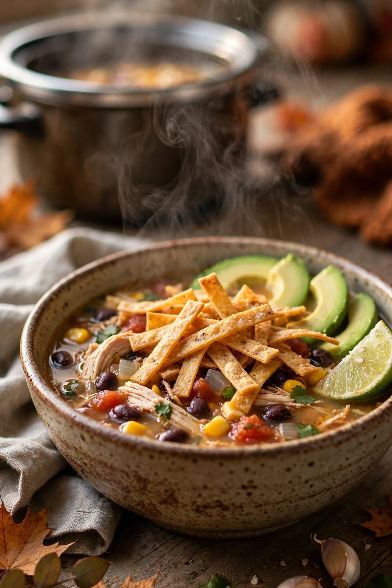 Crockpot tortilla soup with toppings and crispy strips