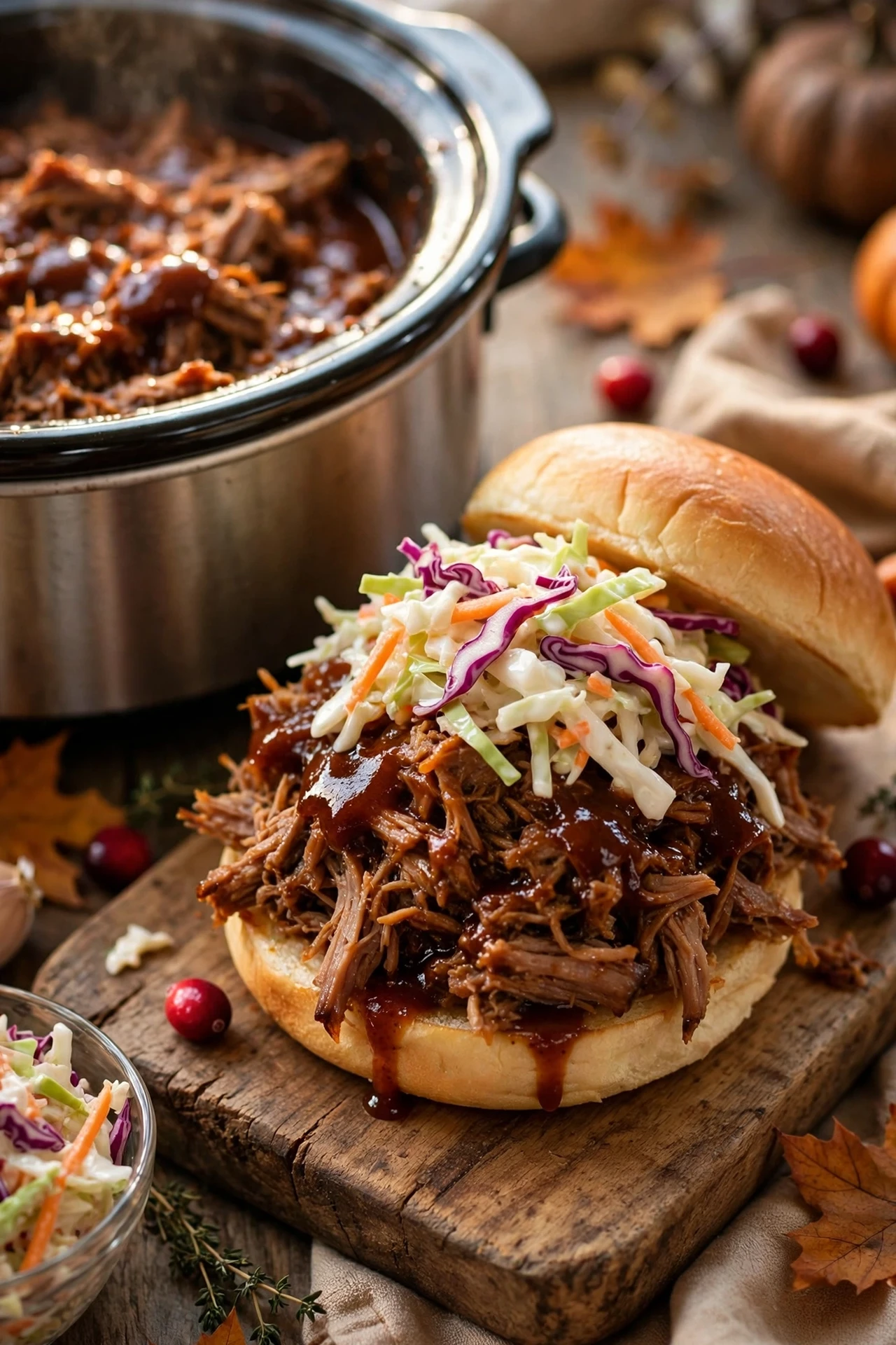 Slow cooker pulled pork shredded with sticky sauce