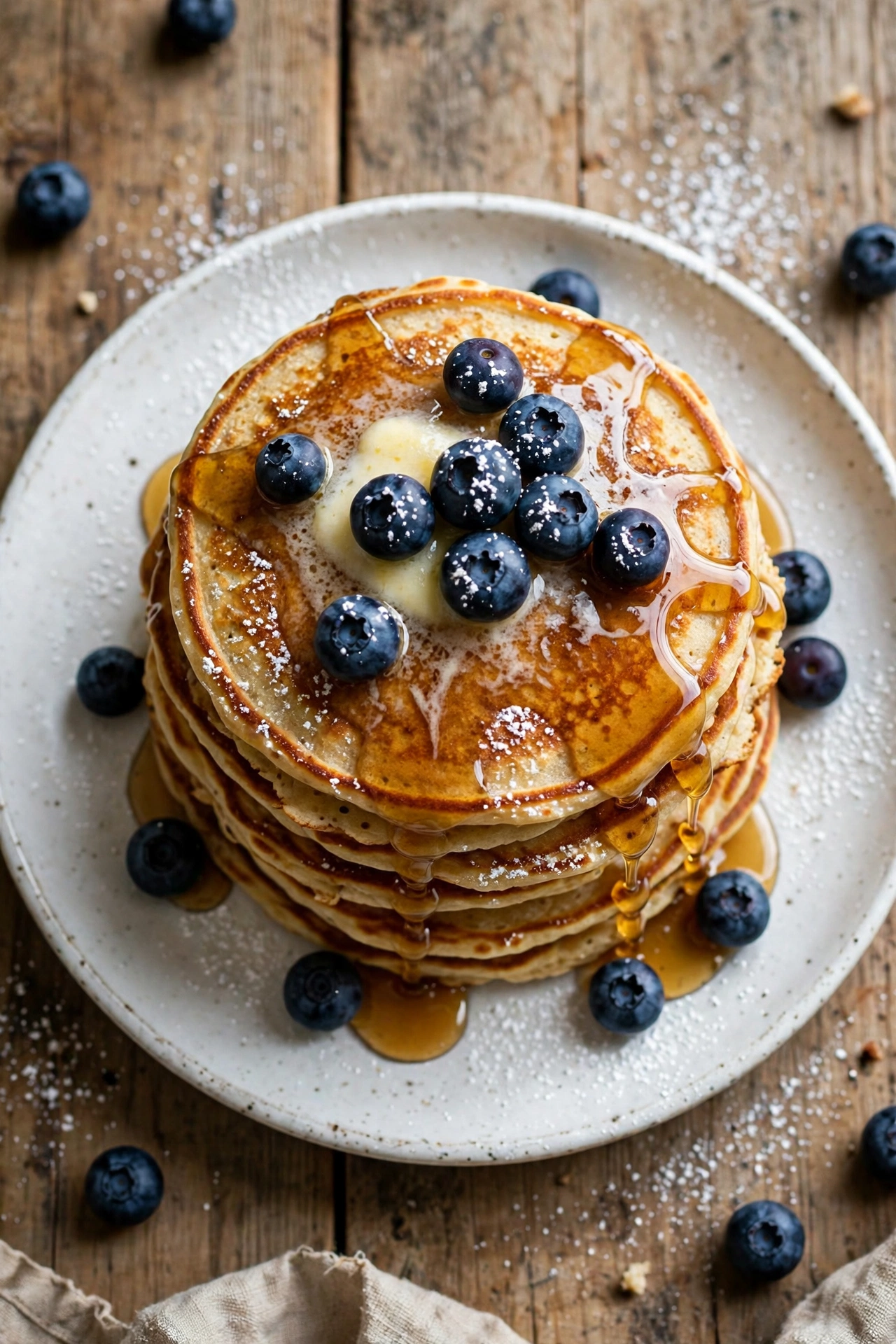 Stack of sourdough discard pancakes with maple syrup and fresh berries