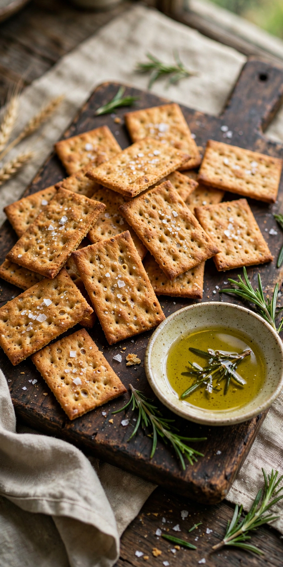 Homemade sourdough discard crackers with flaky sea salt on a wooden board
