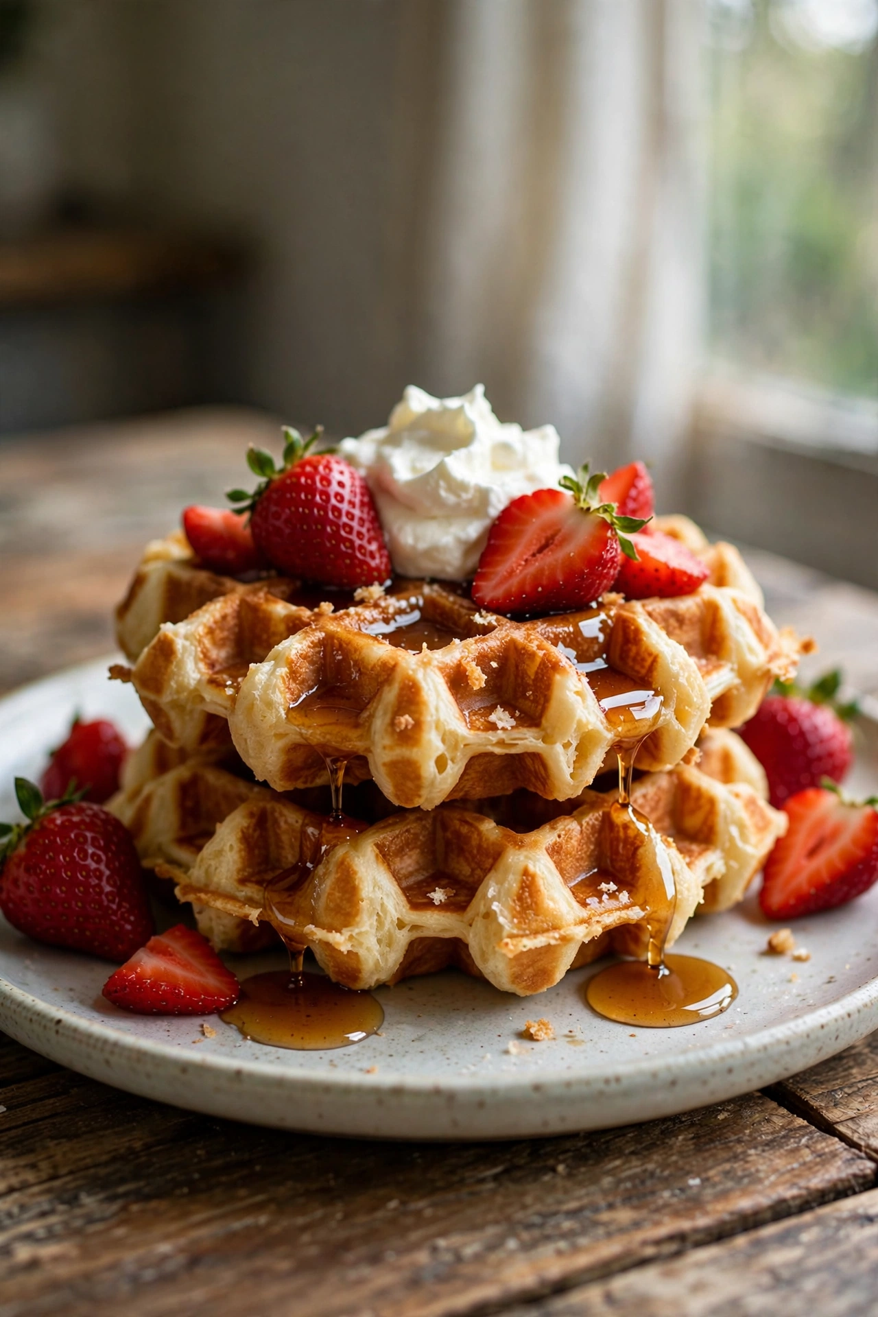 Golden sourdough discard waffles topped with whipped cream and strawberries