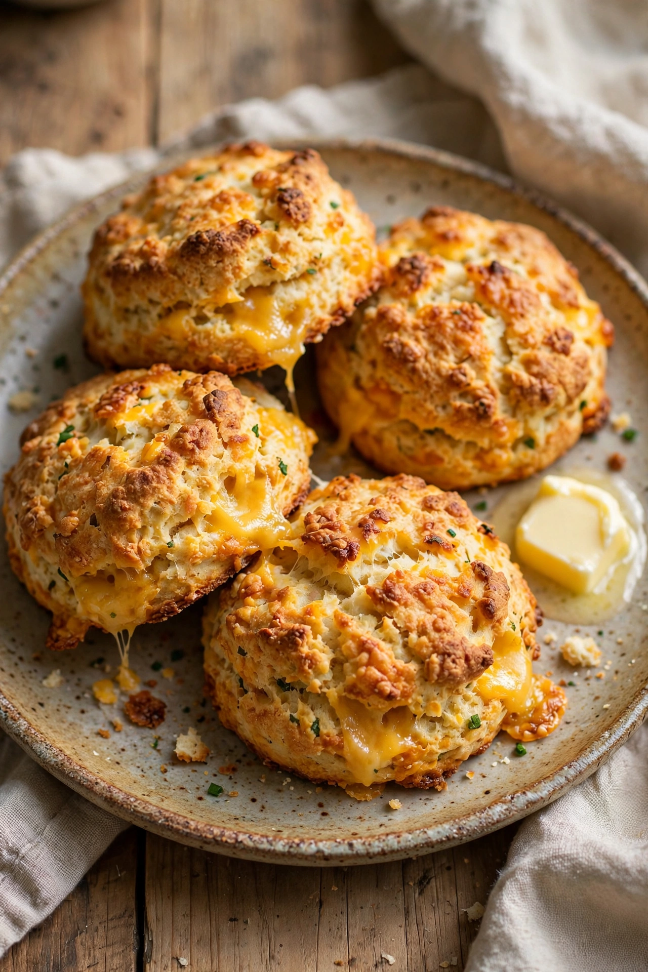 Cheesy sourdough discard scones with melted cheddar on parchment