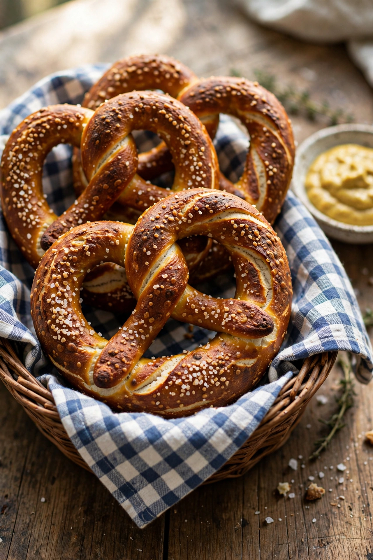 Soft sourdough discard pretzels with coarse salt on a baking sheet