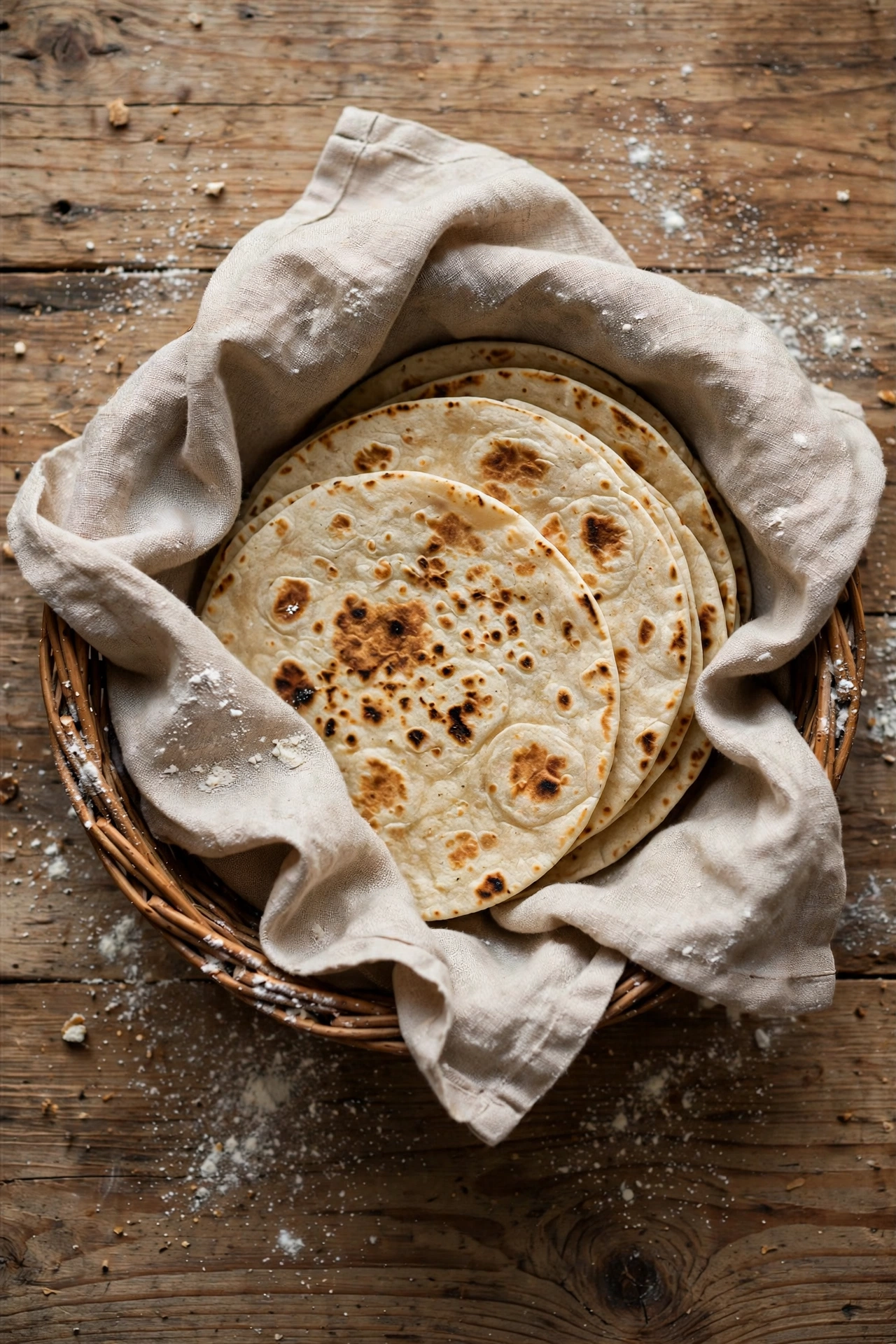 Stack of soft sourdough discard flour tortillas in a cloth