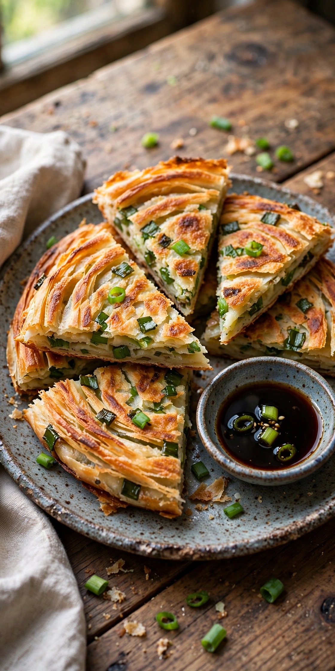 Crispy sourdough discard scallion pancakes with dipping sauce