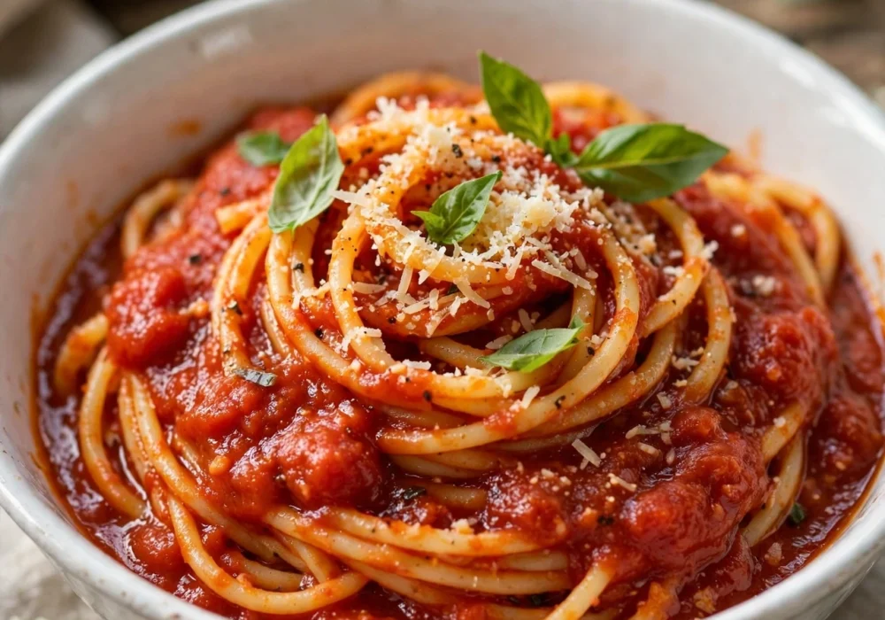 Bowl of spaghetti with classic marinara sauce, fresh basil and grated parmesan