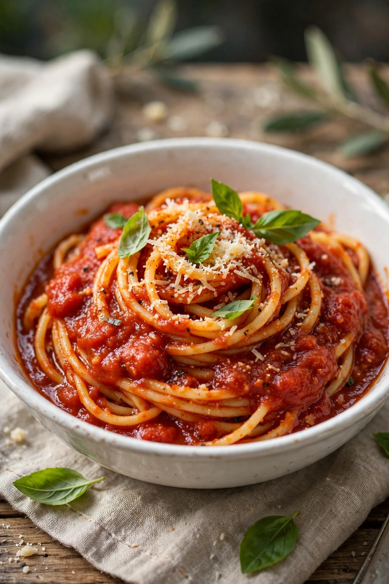 Bowl of spaghetti with classic marinara sauce, fresh basil and grated parmesan
