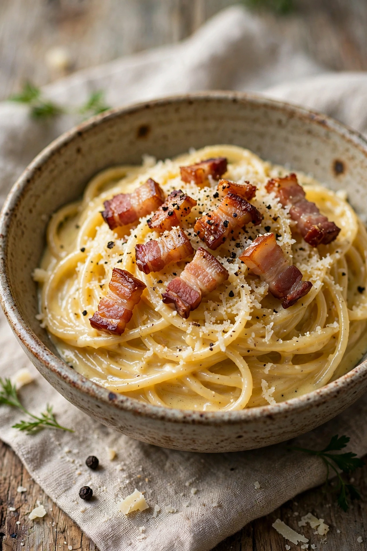Creamy spaghetti carbonara with pancetta, cracked black pepper and pecorino cheese