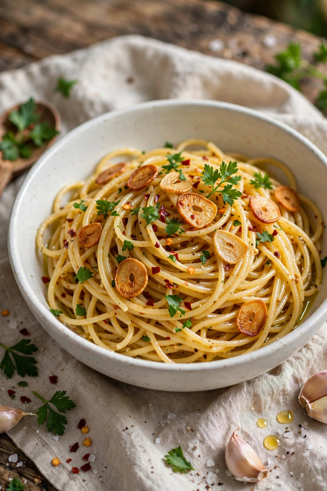 Spaghetti tossed in garlic butter sauce with parsley and red pepper flakes