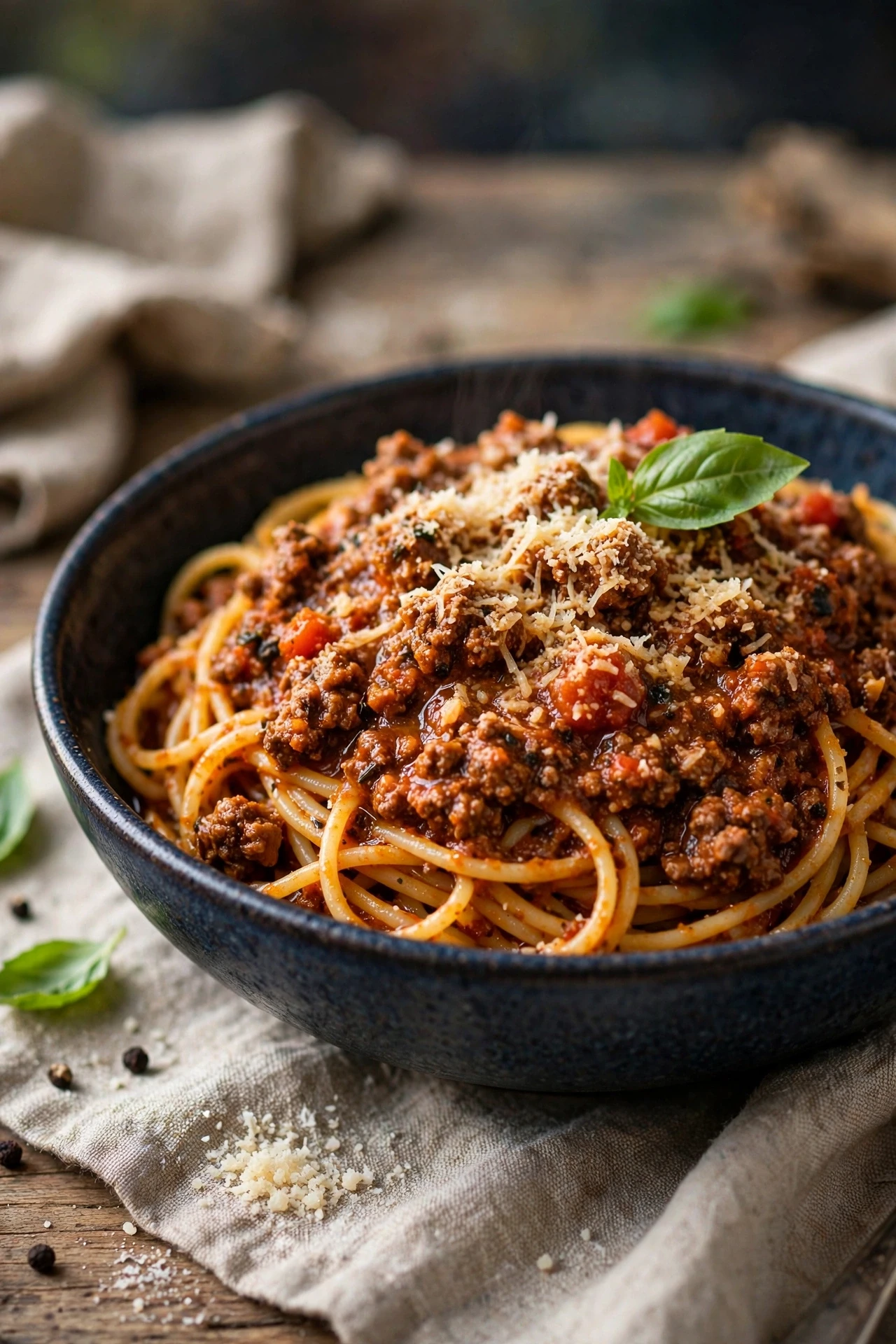 Spaghetti topped with rich beef bolognese sauce and fresh basil