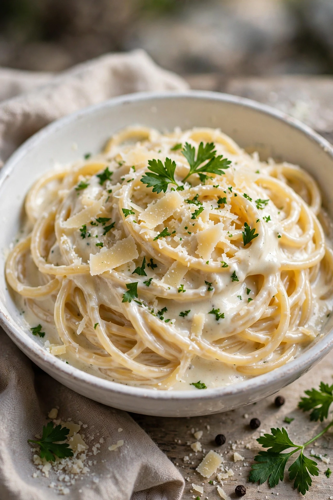 Spaghetti in creamy alfredo sauce with parmesan shavings and cracked pepper