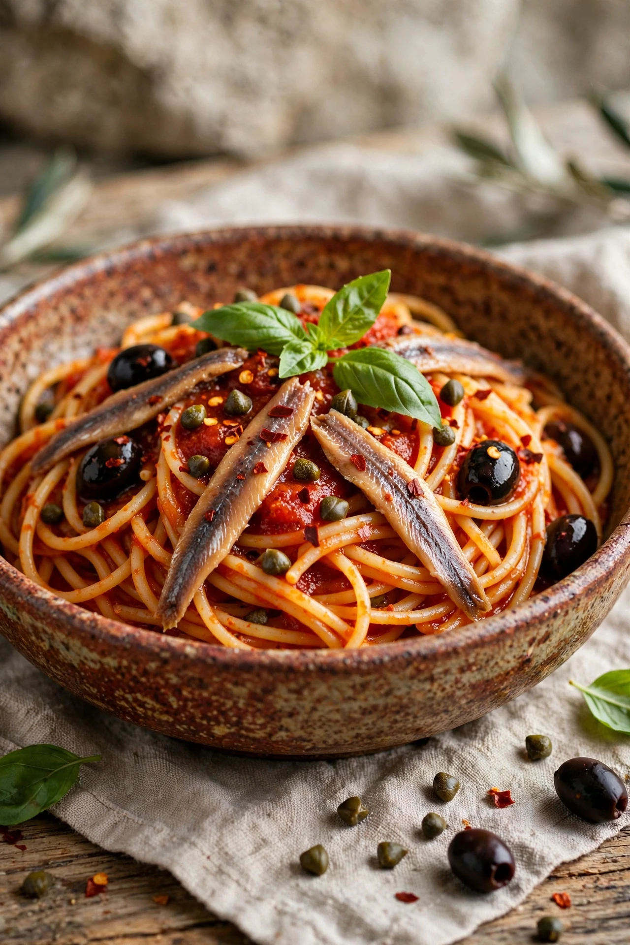 Spaghetti puttanesca with tomatoes, olives, capers and anchovies