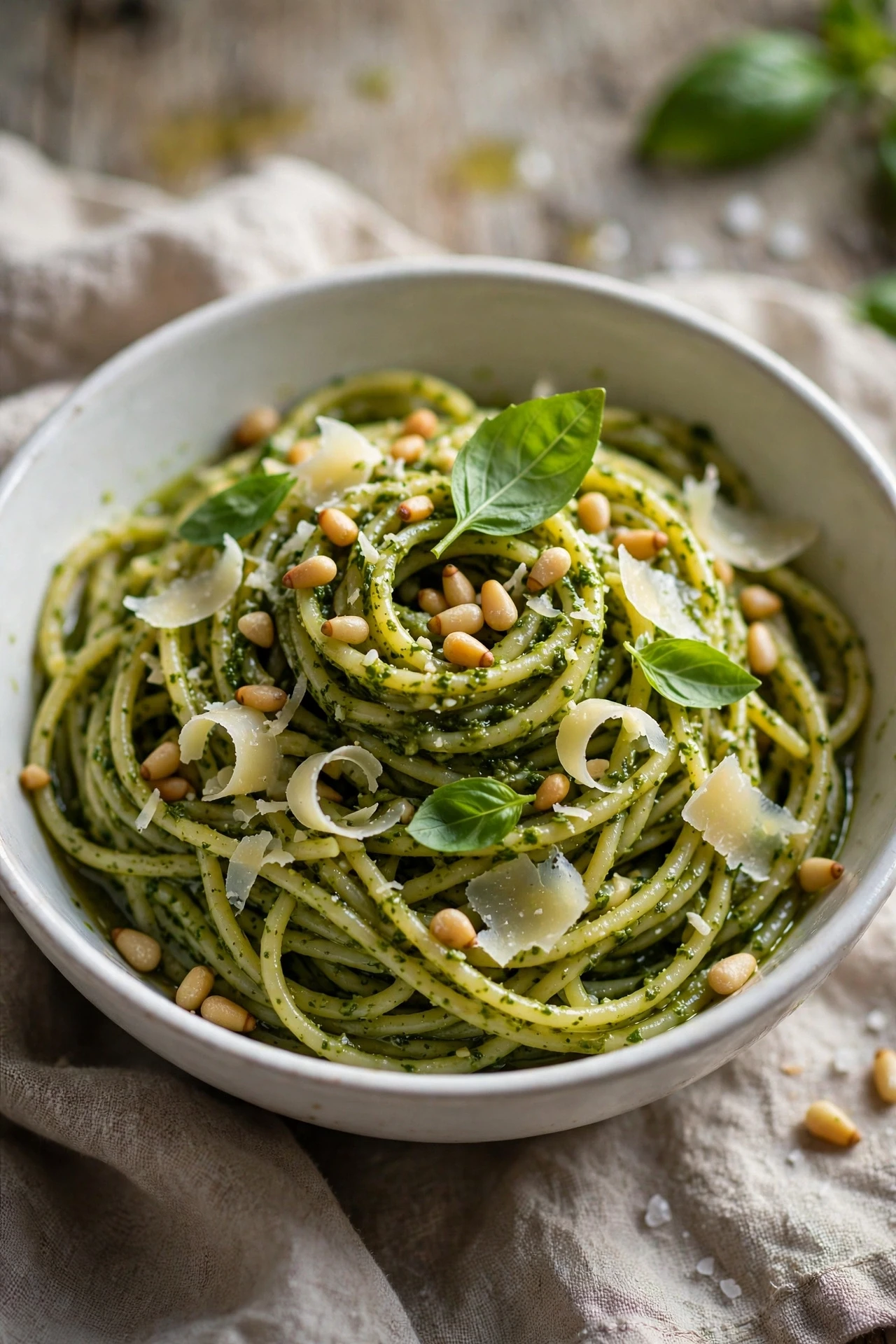 Spaghetti coated in bright green basil pesto with pine nuts and parmesan