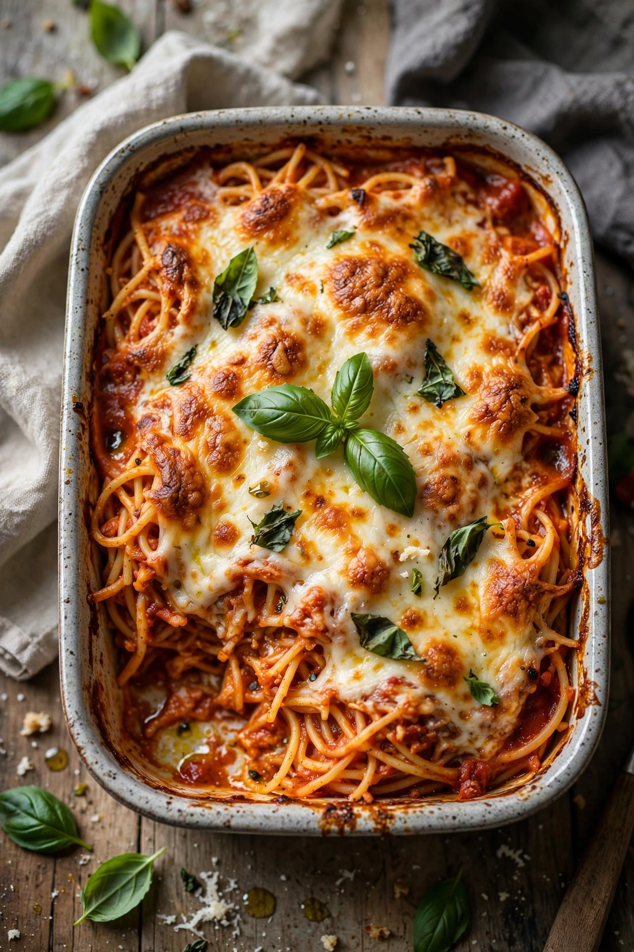 Baked spaghetti casserole with melted mozzarella and golden cheese top