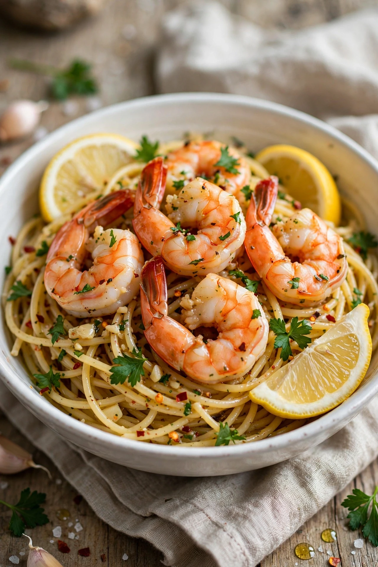 Spaghetti with garlic butter shrimp scampi, lemon and parsley