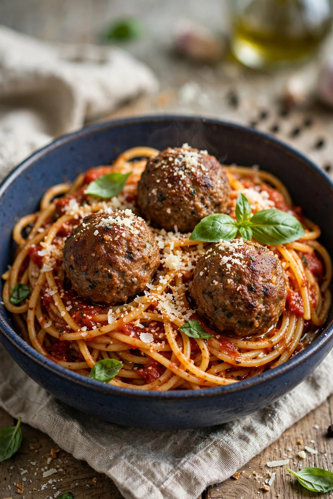 Spaghetti topped with homemade meatballs, marinara and fresh basil