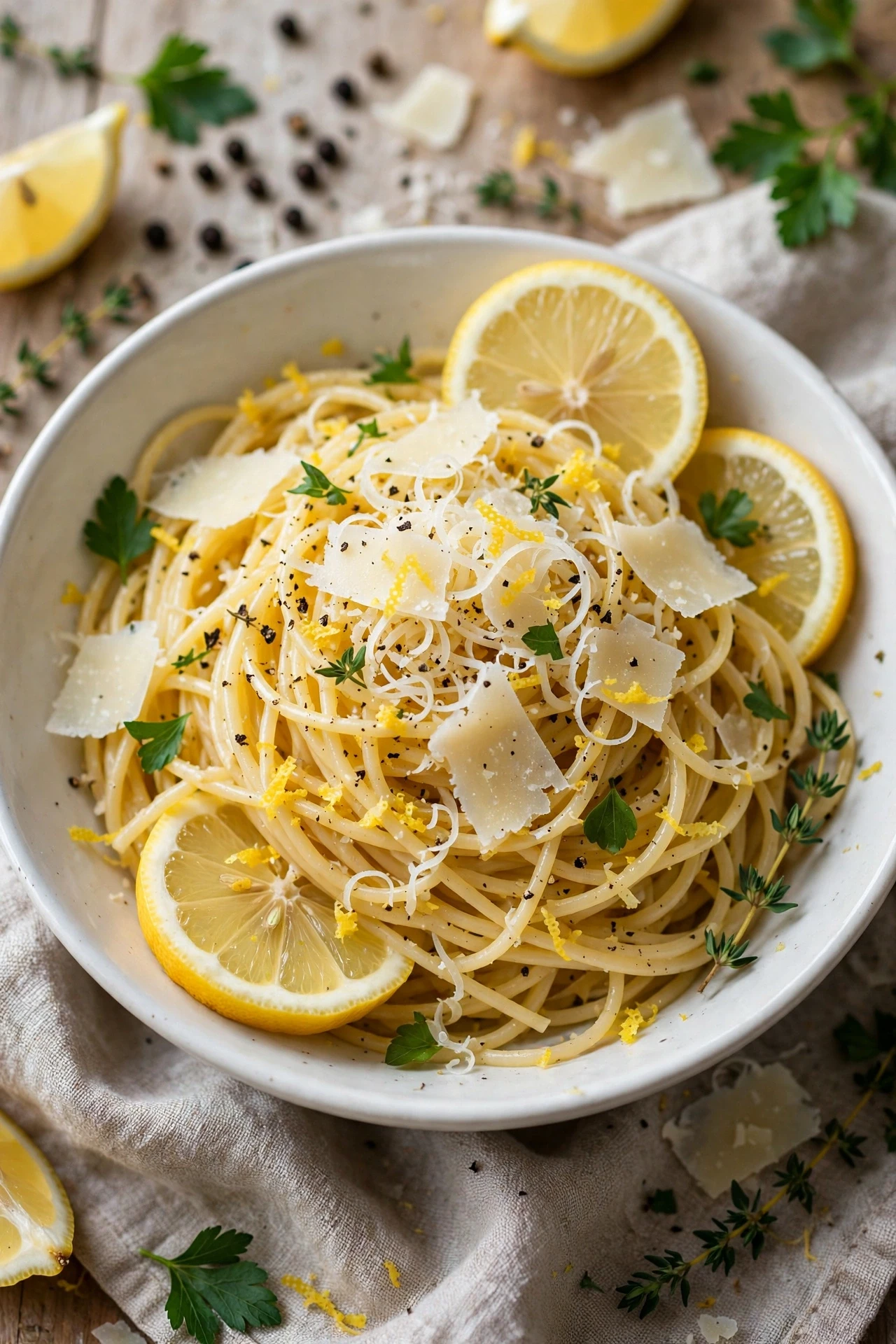 Light lemon parmesan spaghetti with lemon zest and fresh herbs