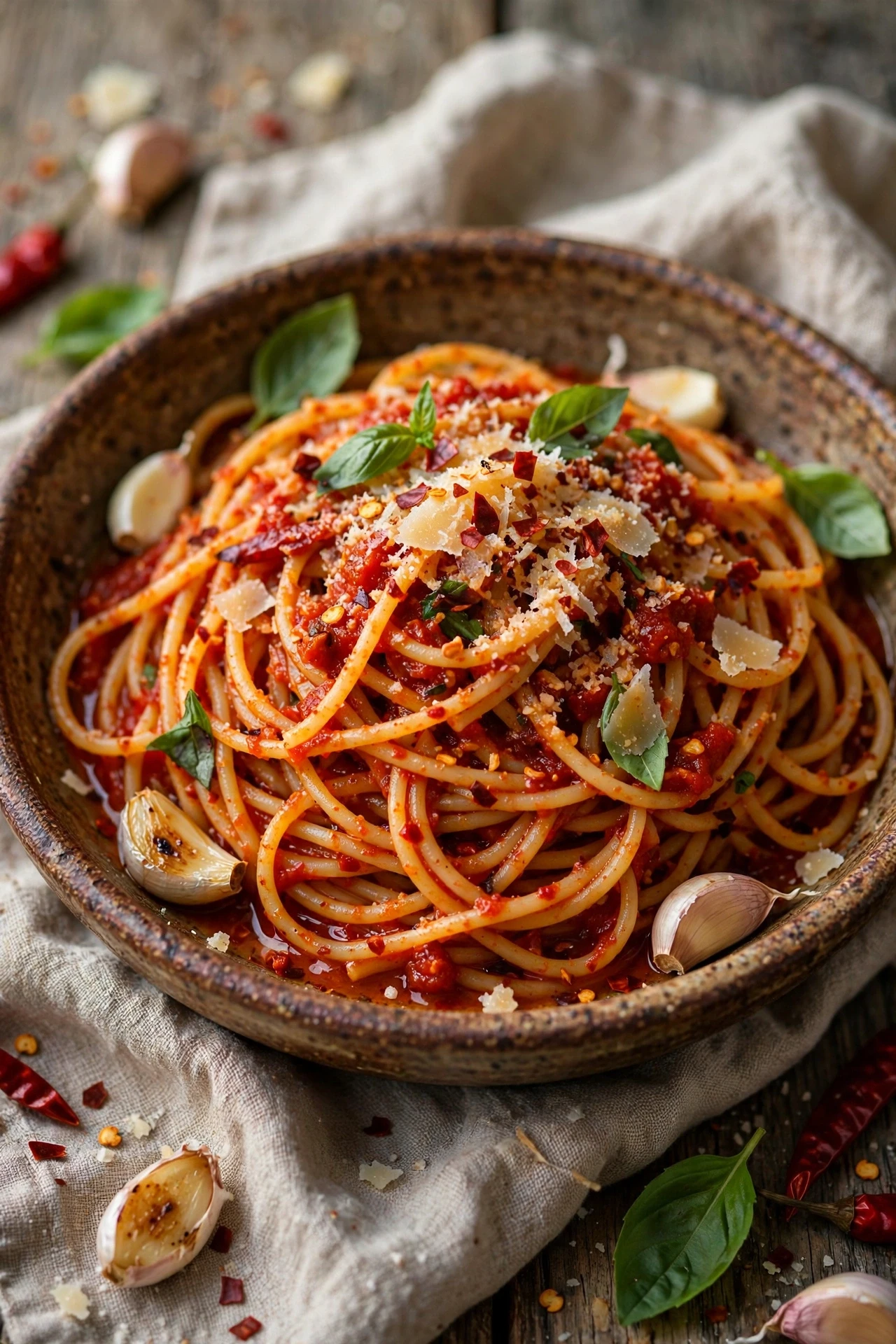 Spaghetti arrabbiata with spicy red tomato sauce and basil leaves