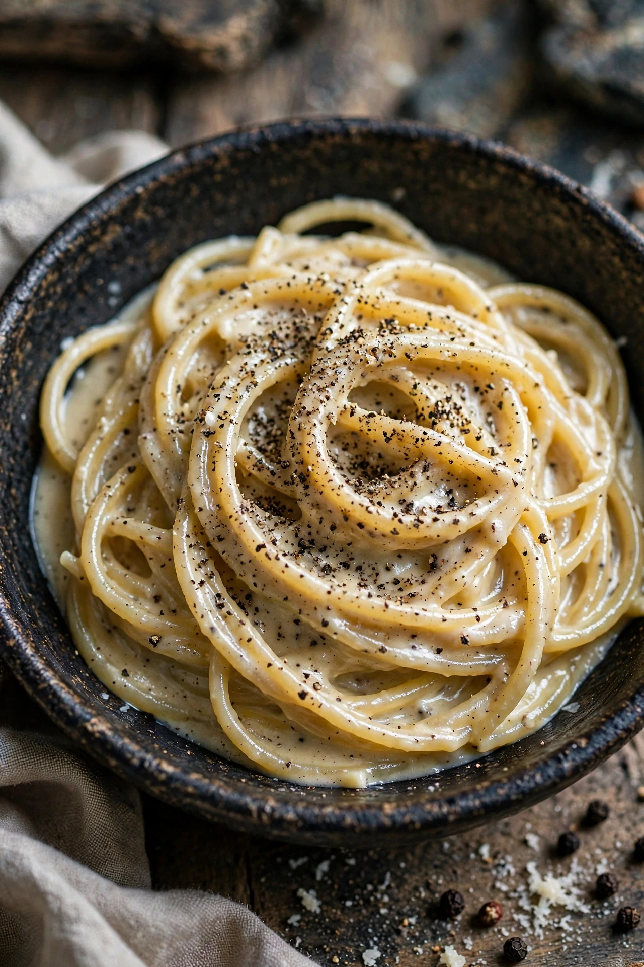 Cacio e pepe spaghetti with pecorino romano and cracked black pepper